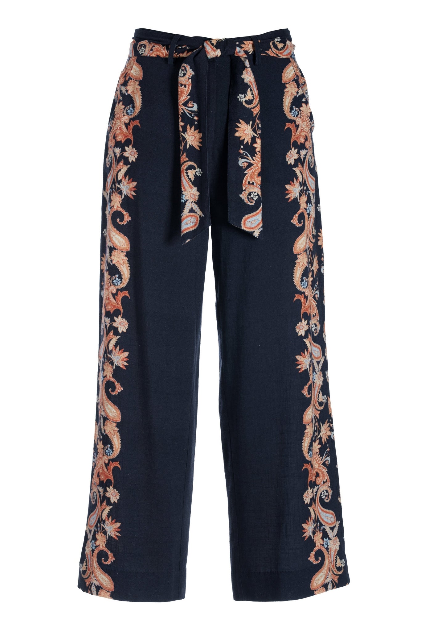 Paisley Scroll Belted Pull On Crop Pant Navy
