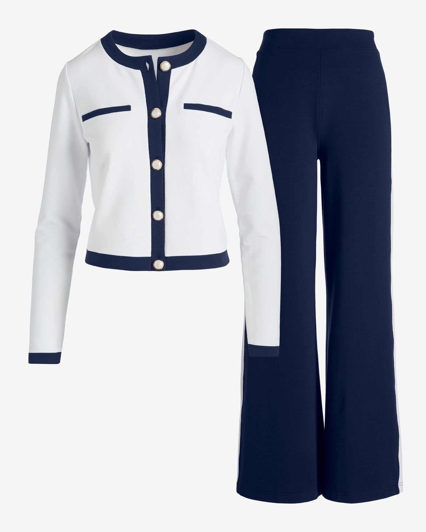 French Terry Color-block Cropped Jacket and Pant Set Navy/White
