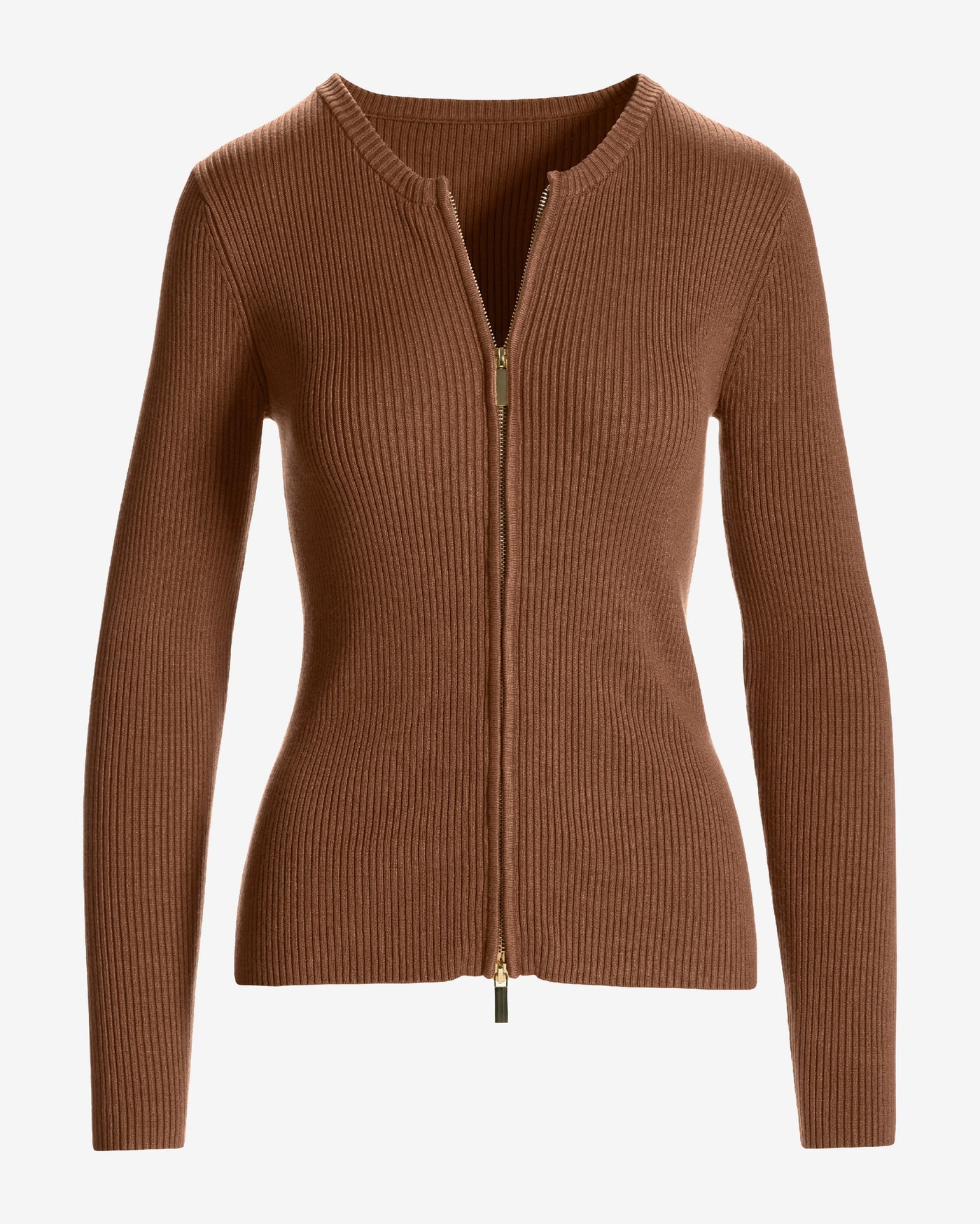 Ribbed Collarless Full Zip Cardigan Toffee
