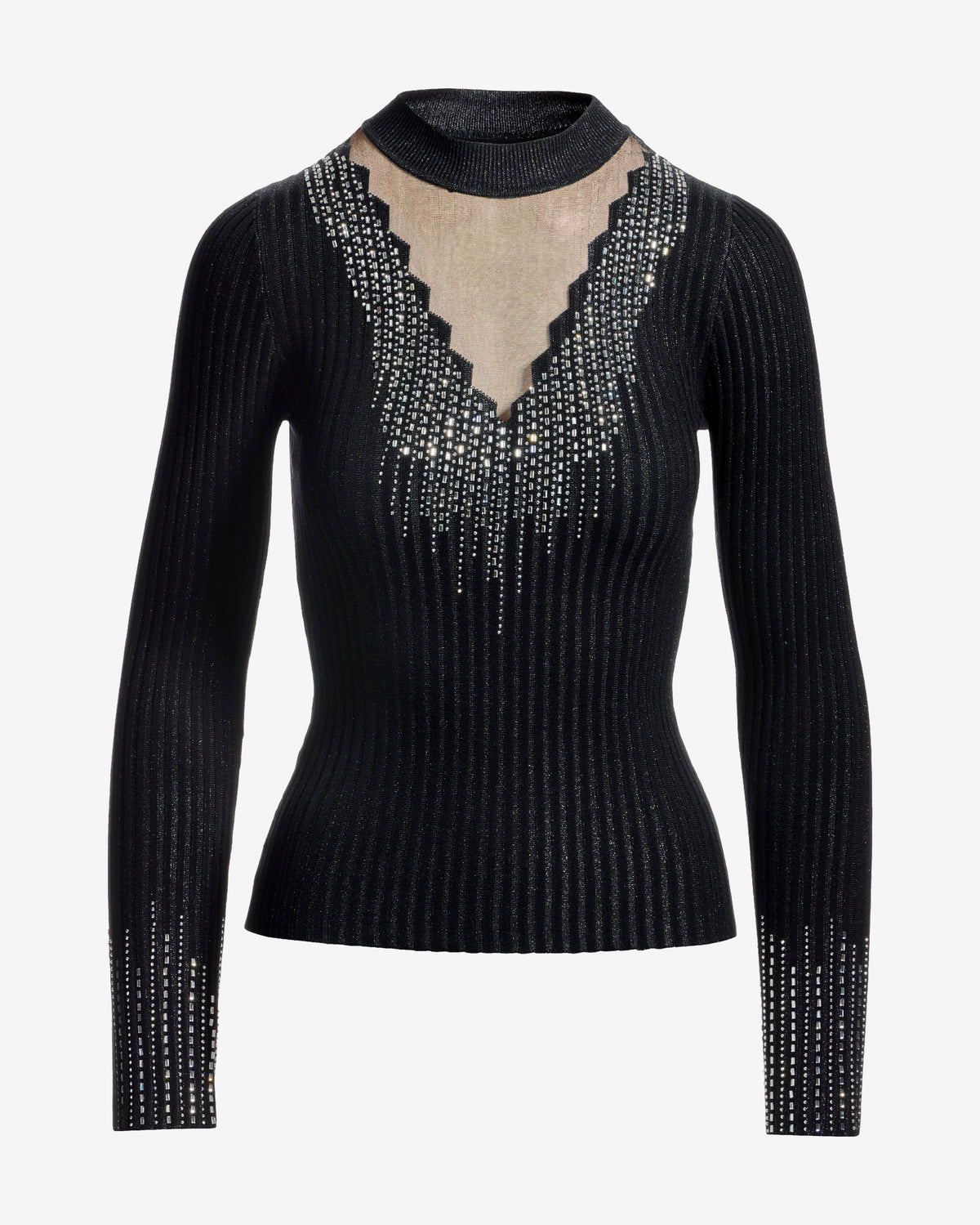 Rhinestone Embellished Mesh Illusion Sweater Proper Black