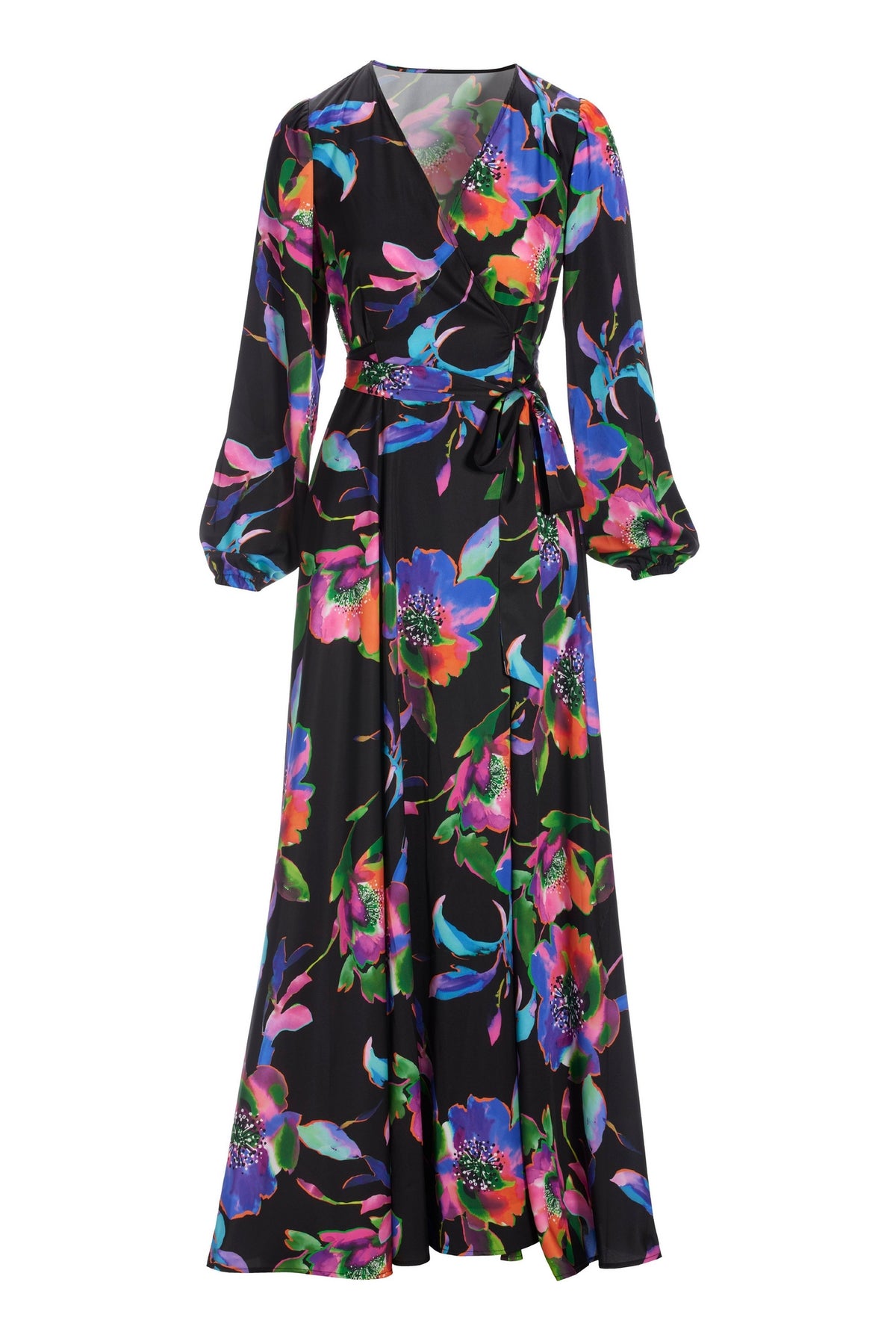Exploded Garden Print Charmeuse Wrap Maxi Dress Black multi