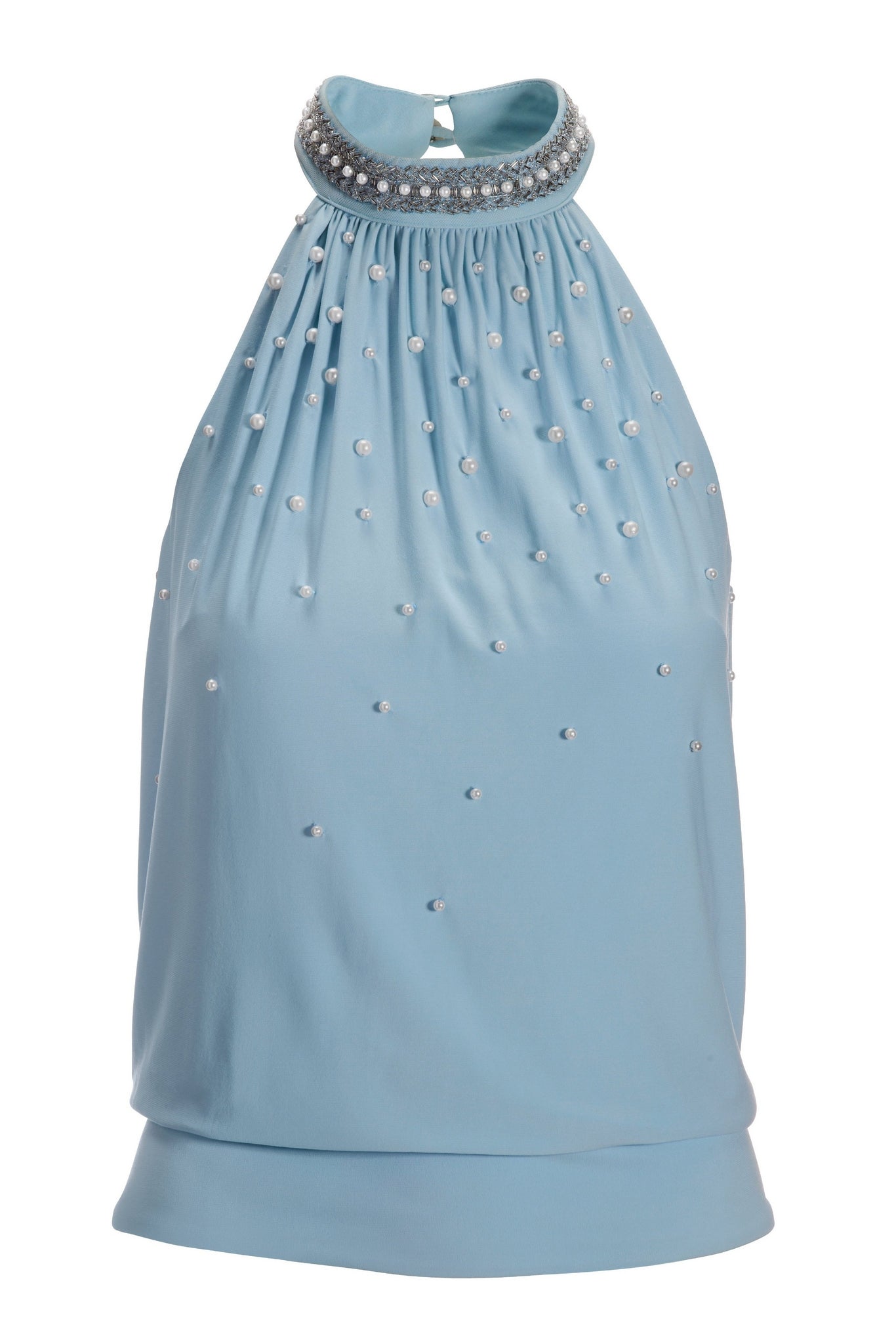 Pearl Embellished Mock Neck Banded Bottom Top Airy Blue