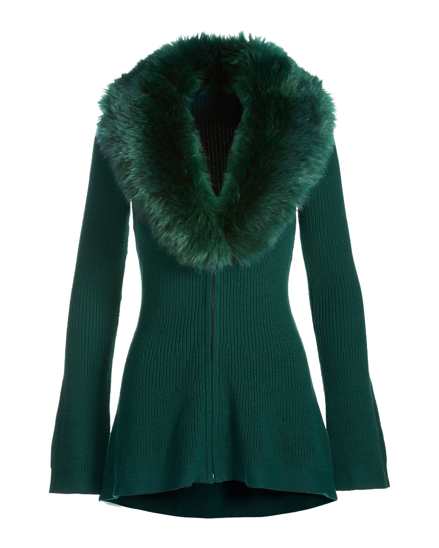 Faux Fur Trim A Line Cardigan Green
