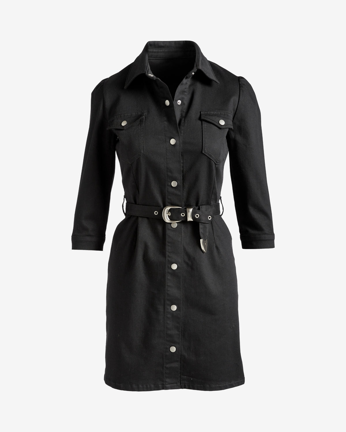 Three Quarter Sleeve Belted Denim Shirt Dress Black