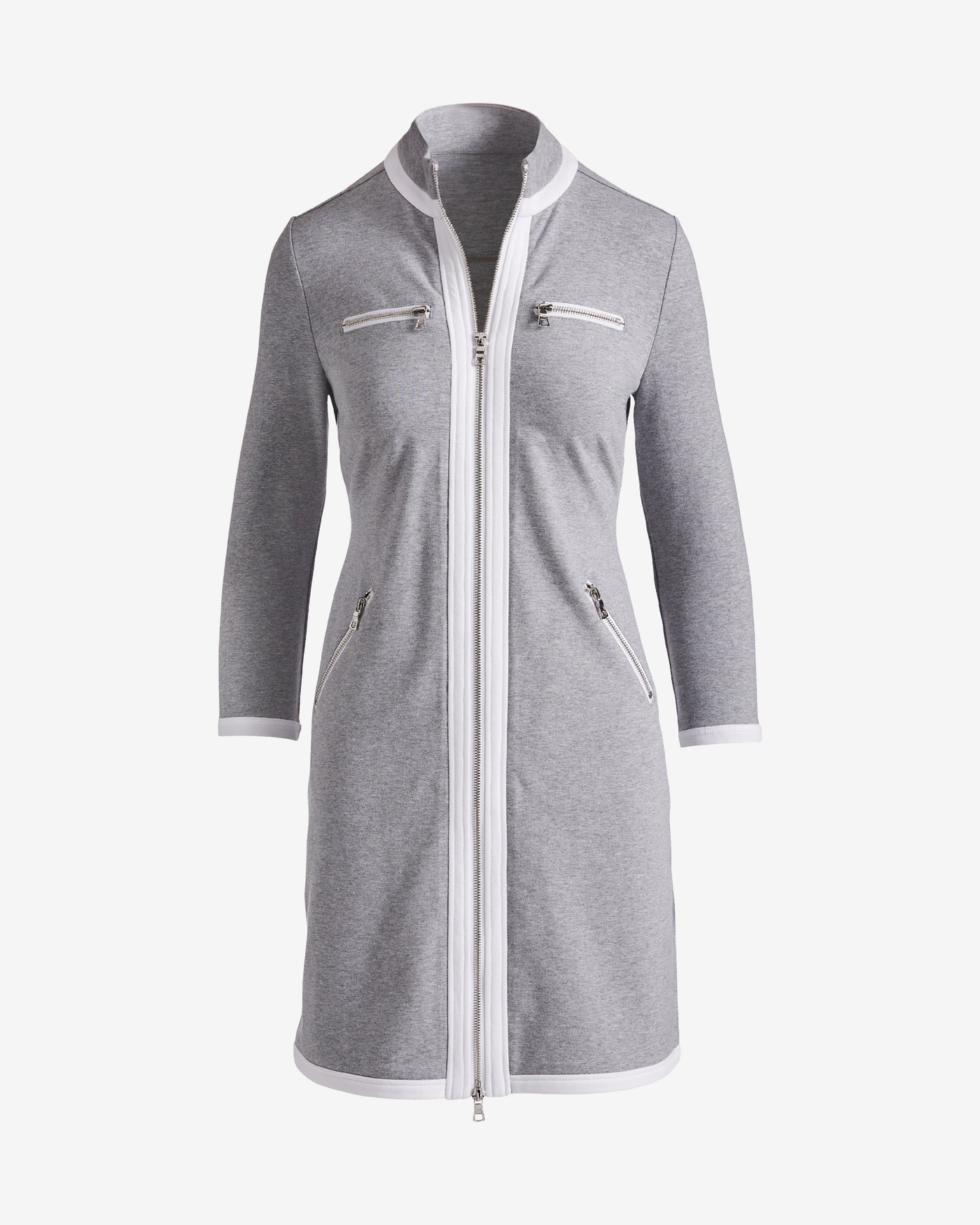 Chic Zippered Three Quarter Sleeve Dress Heather Gray/White