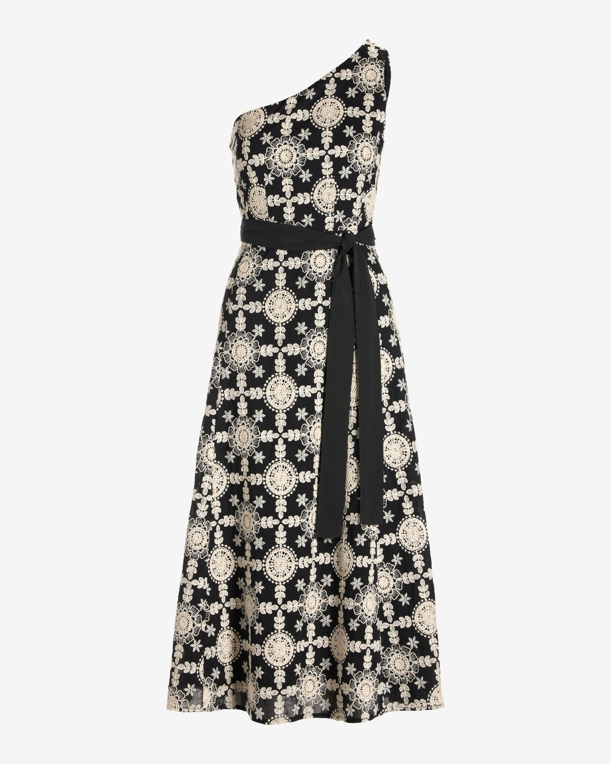 One Shoulder Crochet Inset Fit and Flare Dress Black