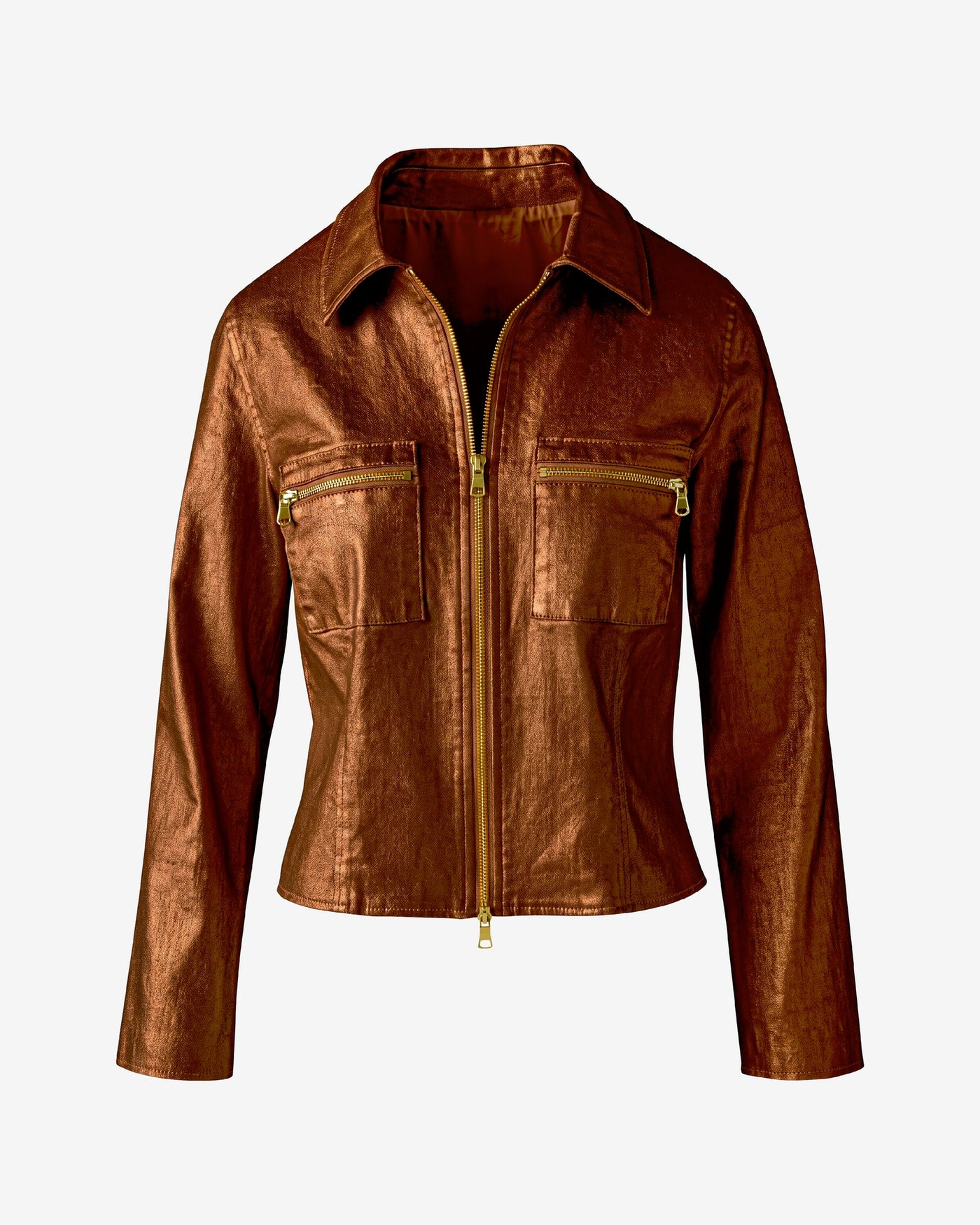 Cropped Zip Front Coated Denim Jacket Bronze Metallic