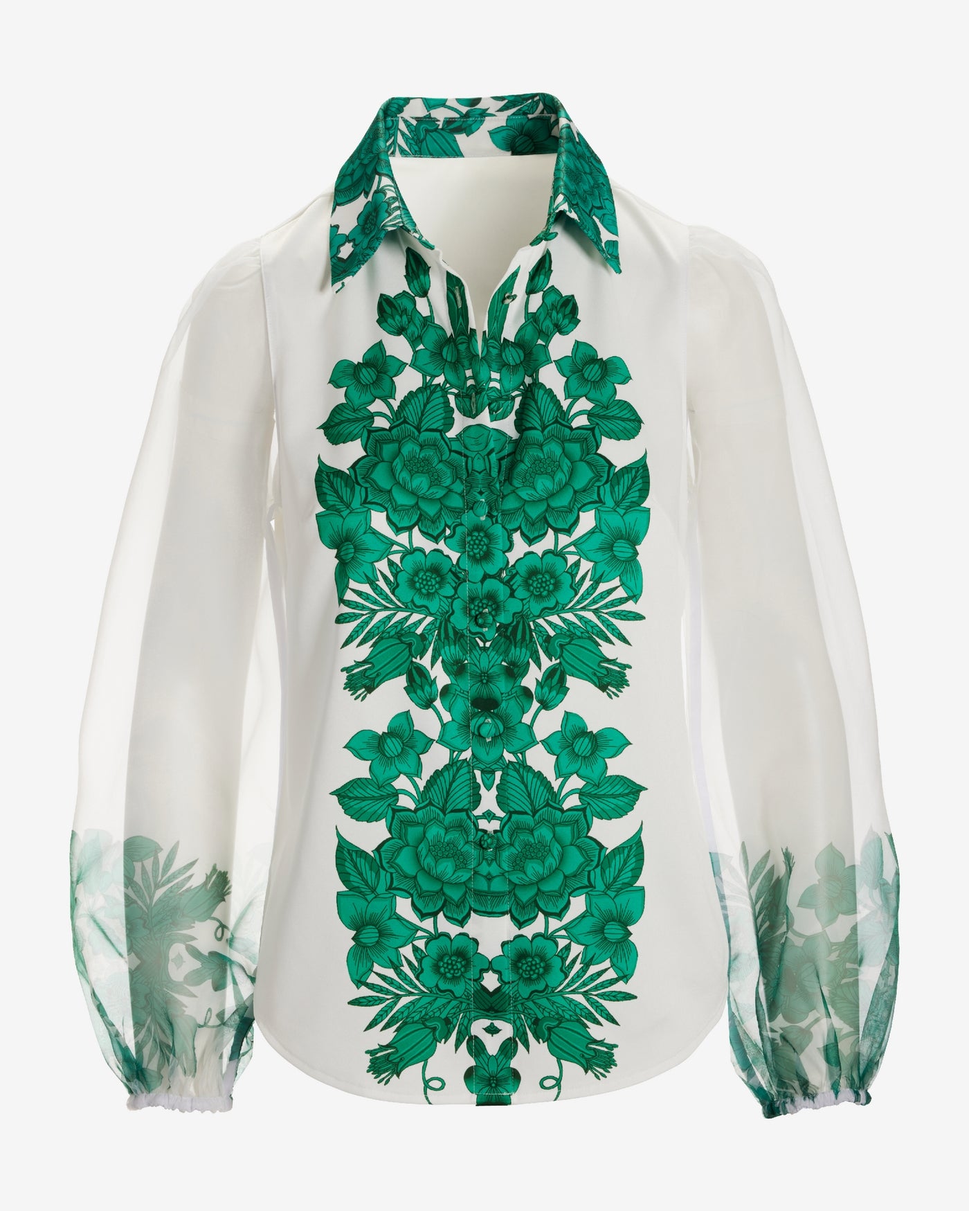 Printed Organza Sleeve Button Up Shirt Tropical Border