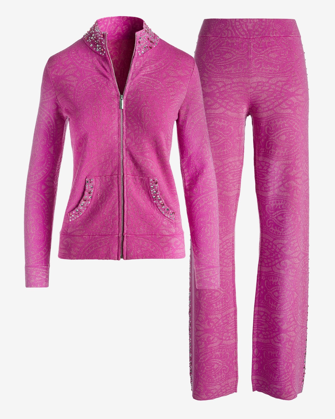 Embellished Knit Jacquard Jacket and Pant Set Magenta