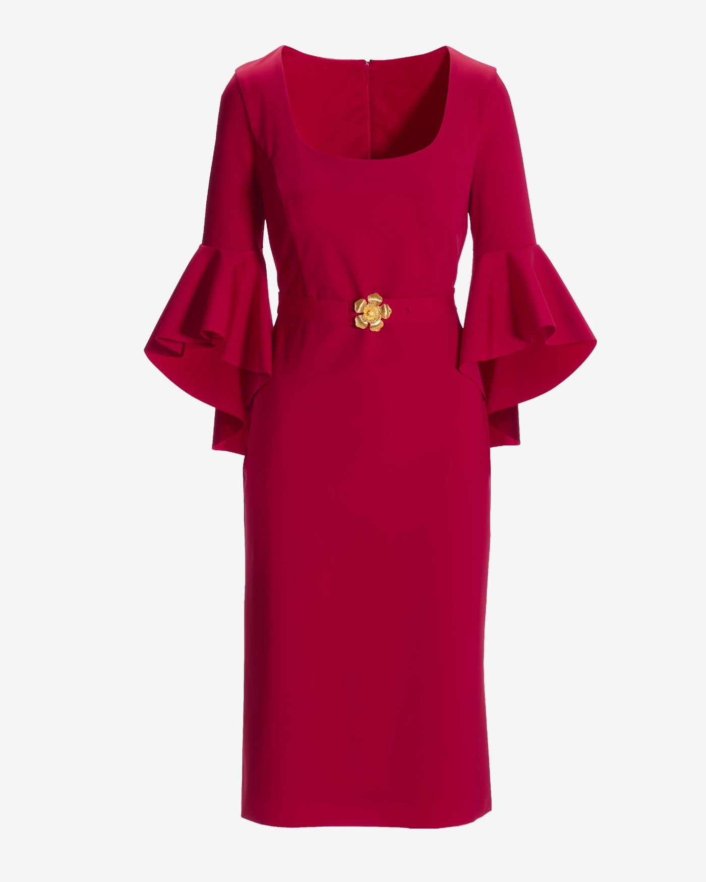 Floral Belt Cascading Sleeve Scoop Neck Column Dress Jester Red