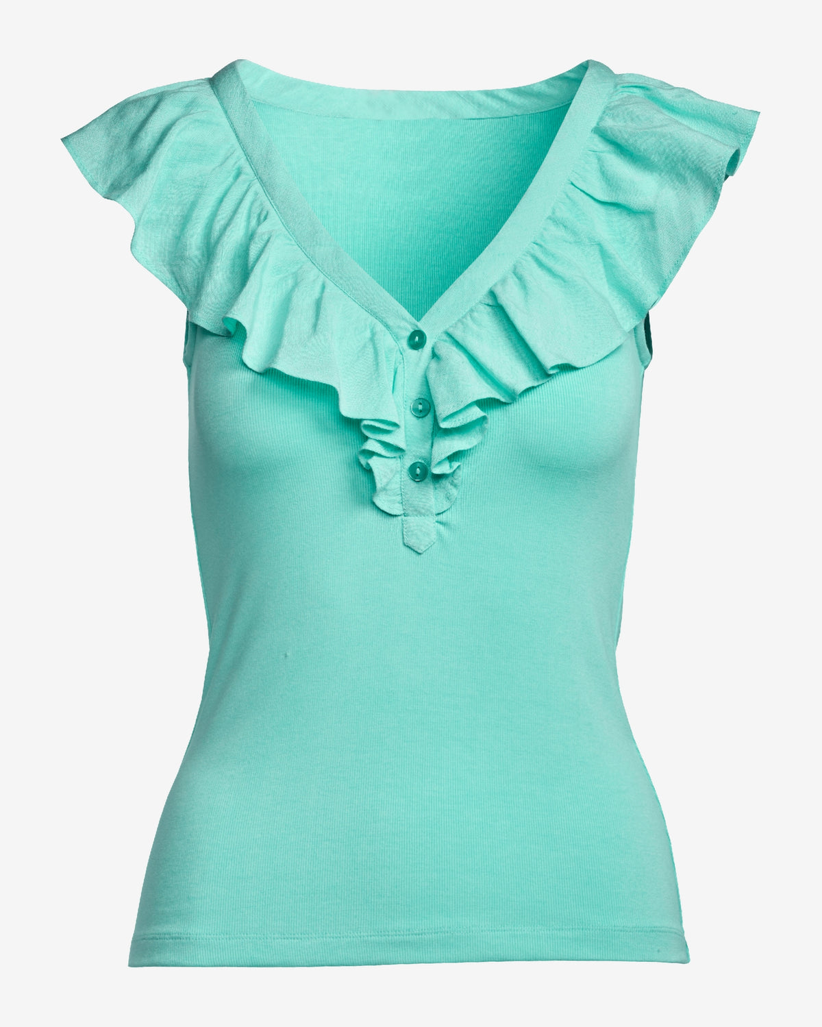 Linen Ruffle Henley Ribbed Top Aqua Splash