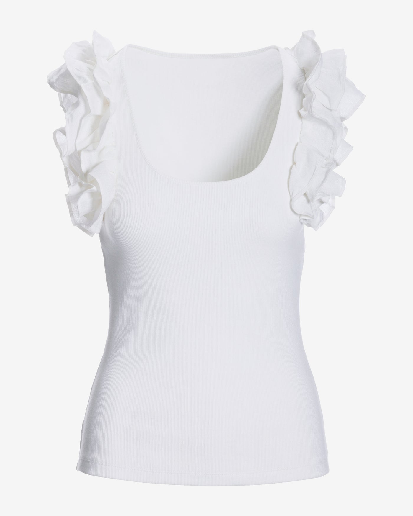 Linen Ruffle Ribbed Top White