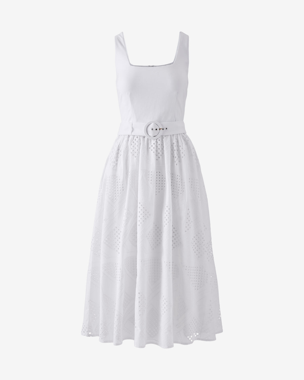 Belted Novelty Eyelet Midi Dress Pure White