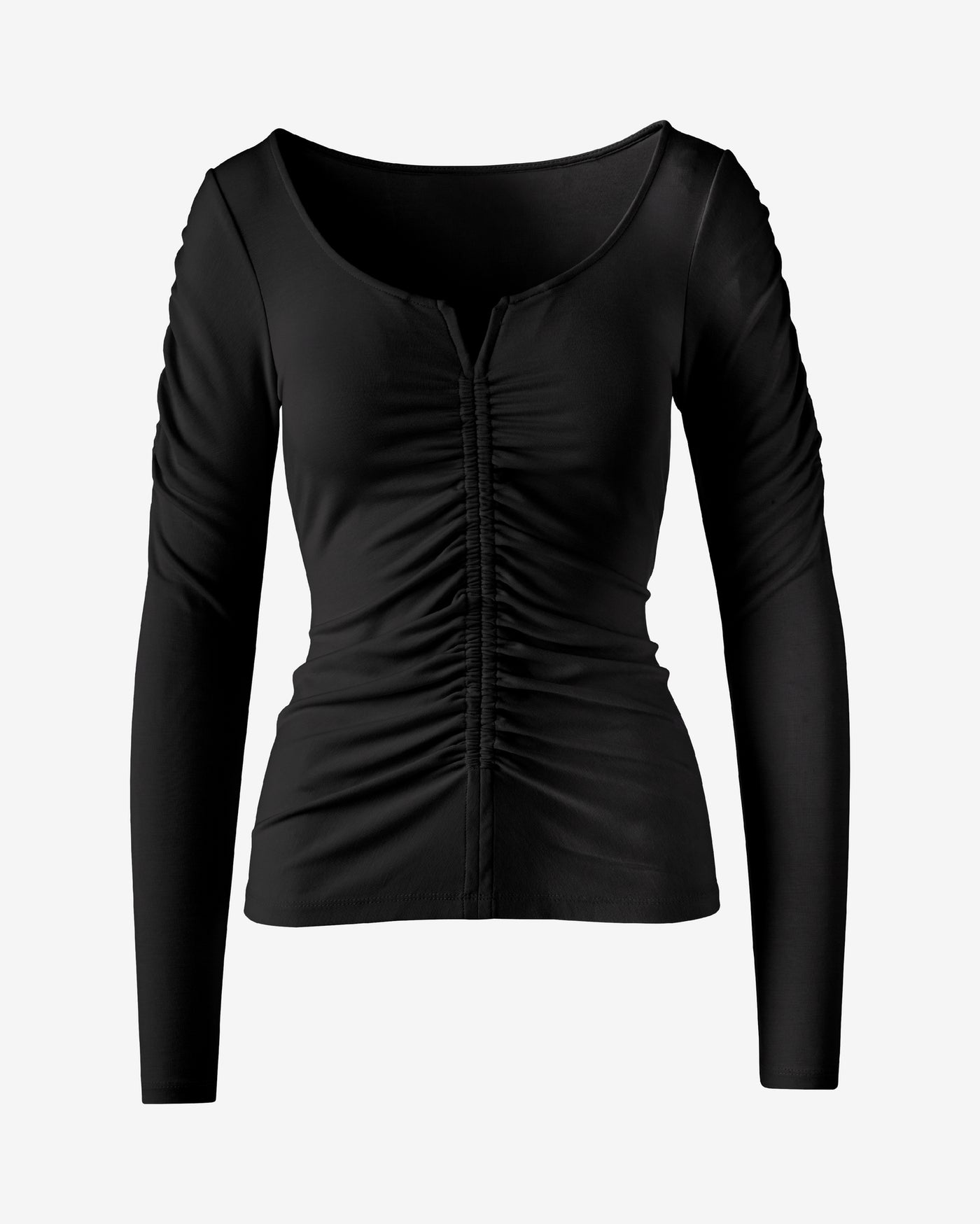 Notched Ruched V Neck Long Sleeve Black