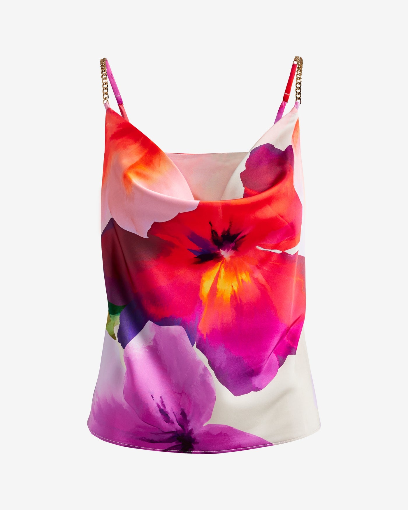 Printed Charmeuse Cowl Neck Chain Strap Cami Vacation Floral Dye