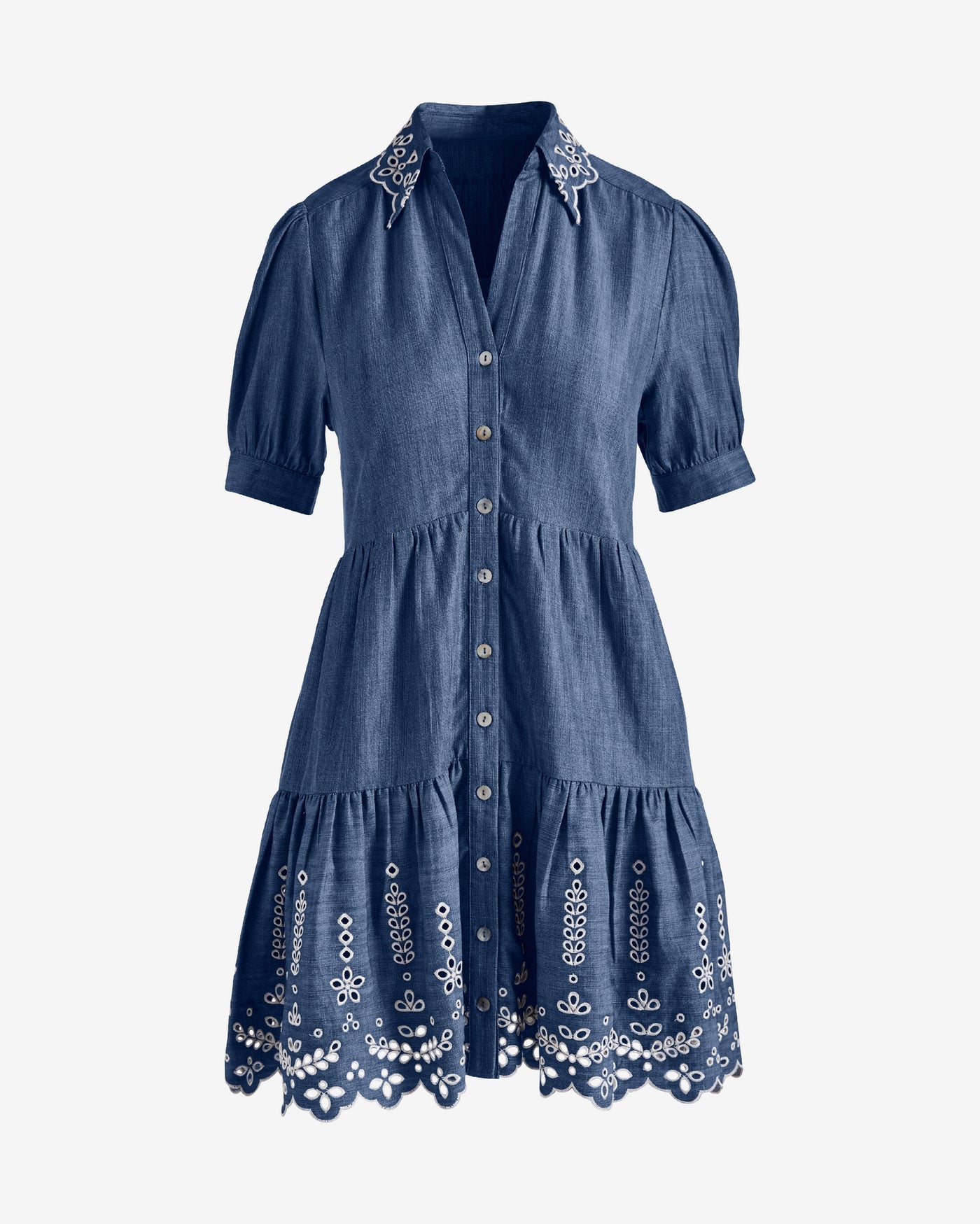 Puff Sleeve Tiered Eyelet Shirt Dress Medium Wash