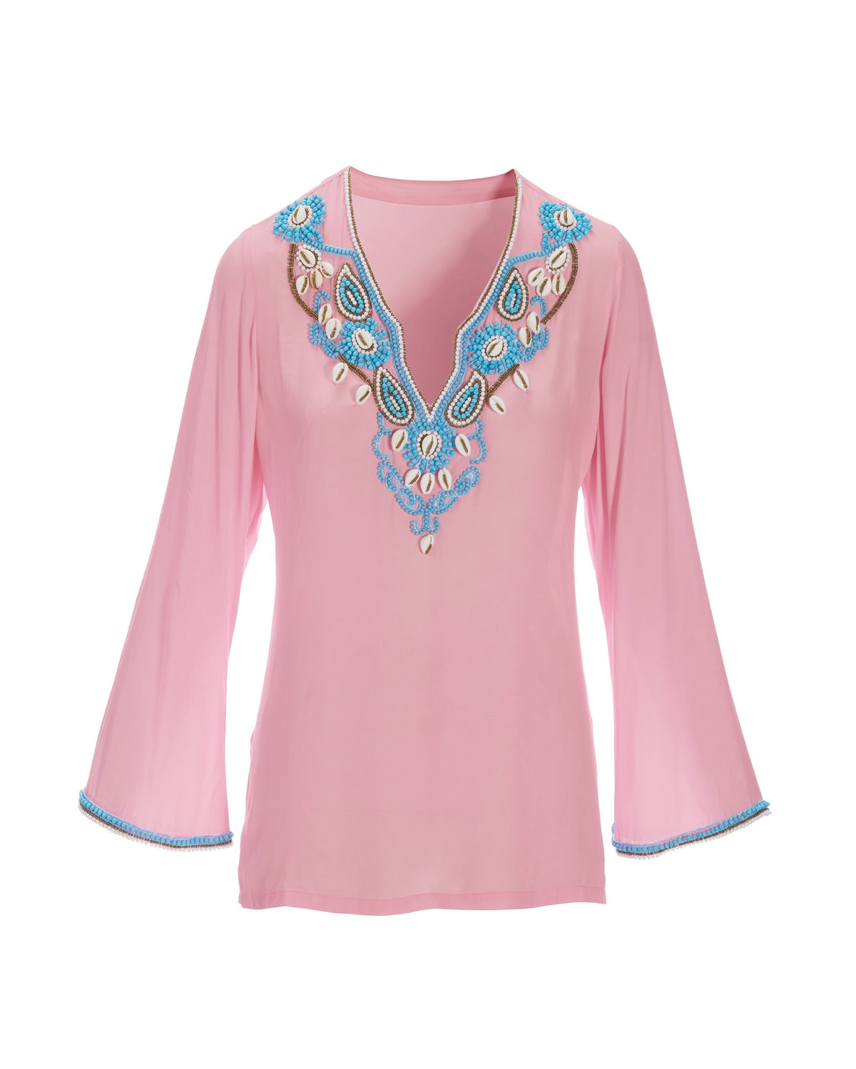 Shell Embellished V-Neck Tunic Top Almond Blossom