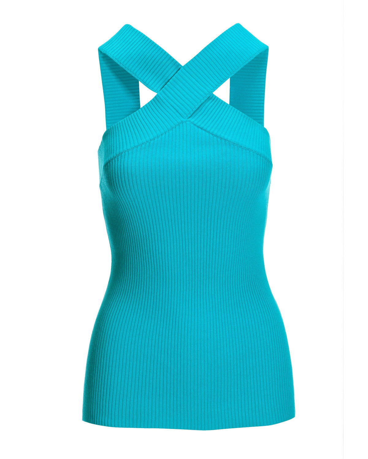 Ribbed High Neck Cross Front Tank Scuba Blue