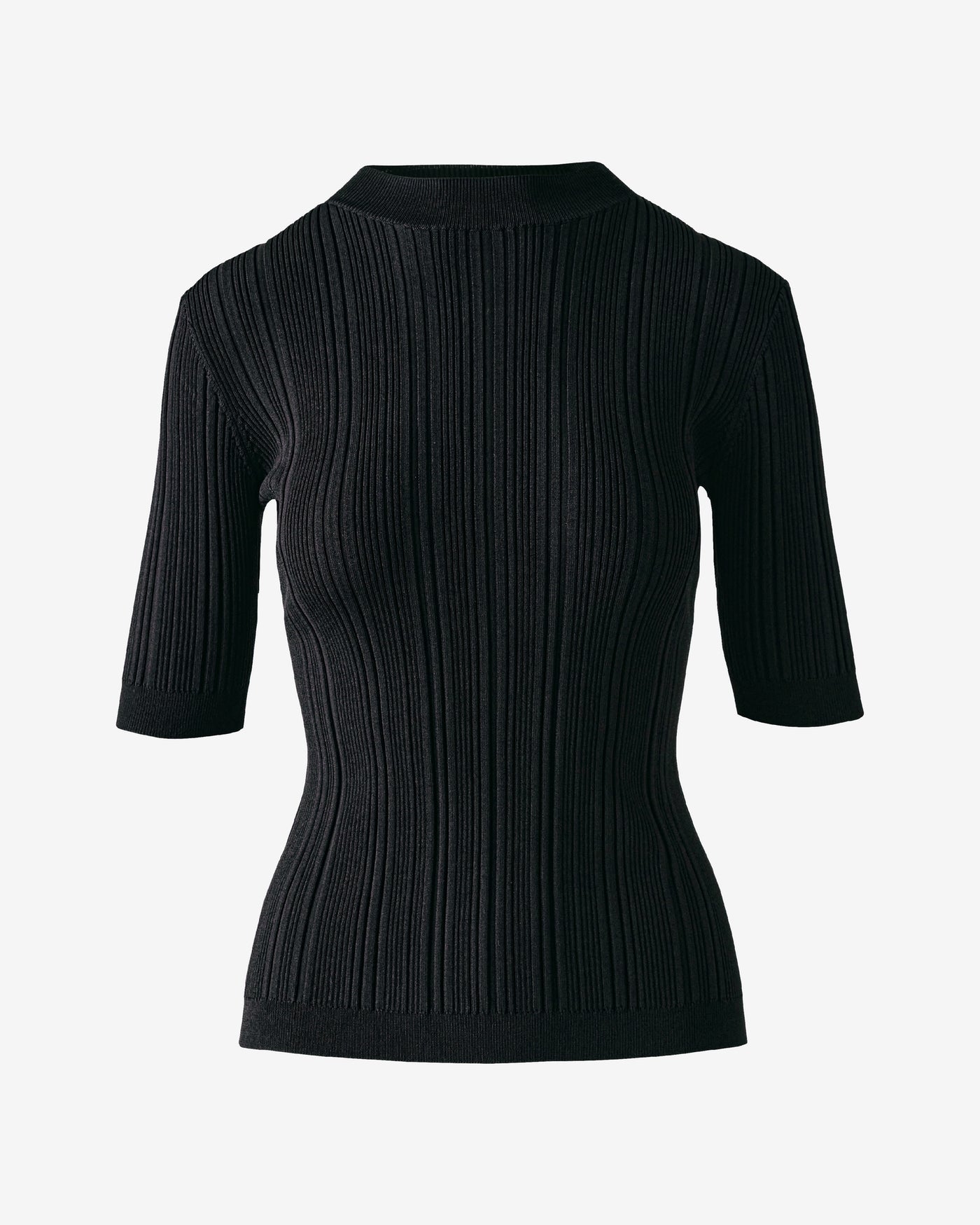 Variegated Rib Elbow Sleeve Mock Neck Sweater Black