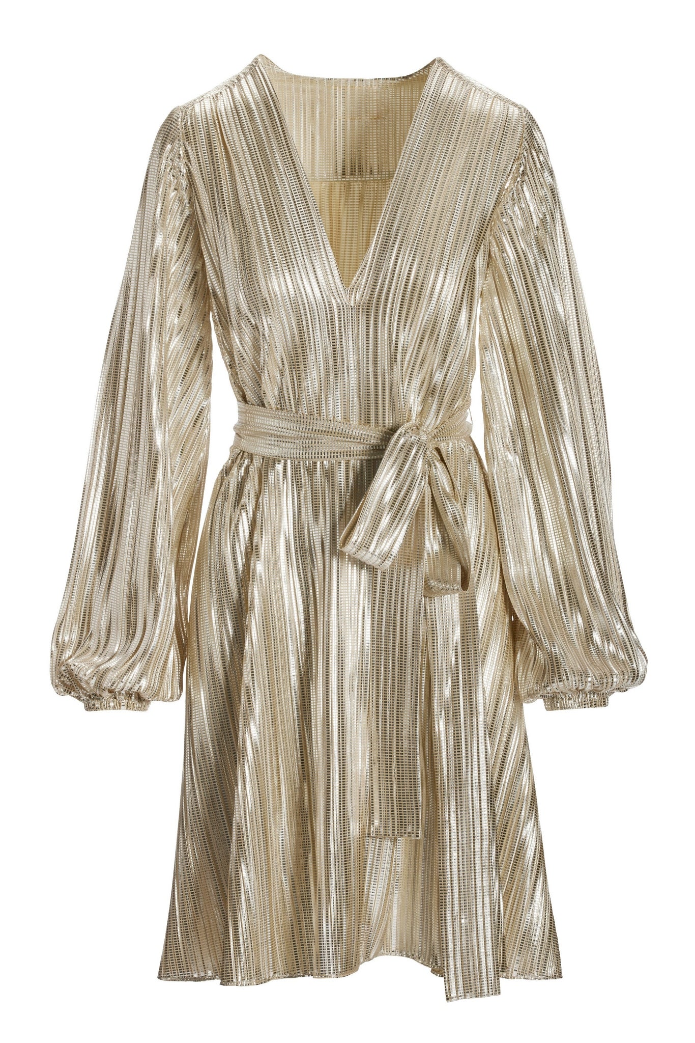 Metallic Pleated Long-Sleeve Dress Platinum