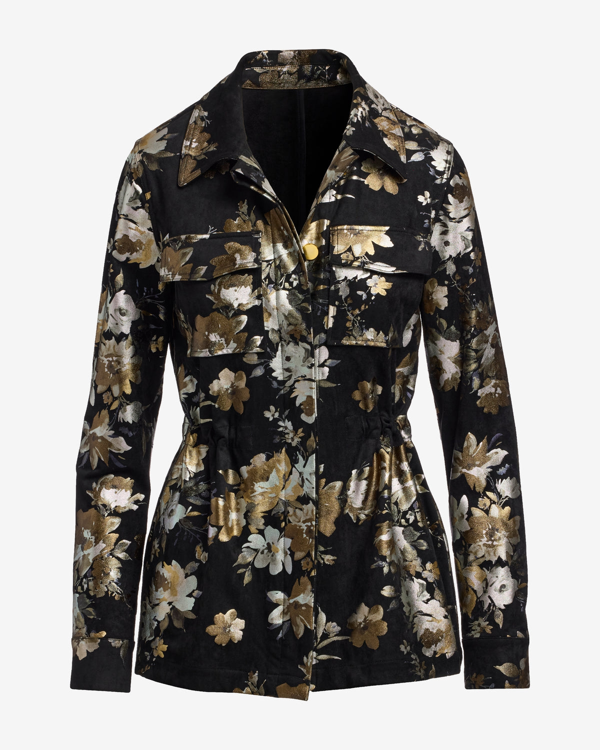 Faux Suede Metallic Foil Floral Utility Jacket Black Multi