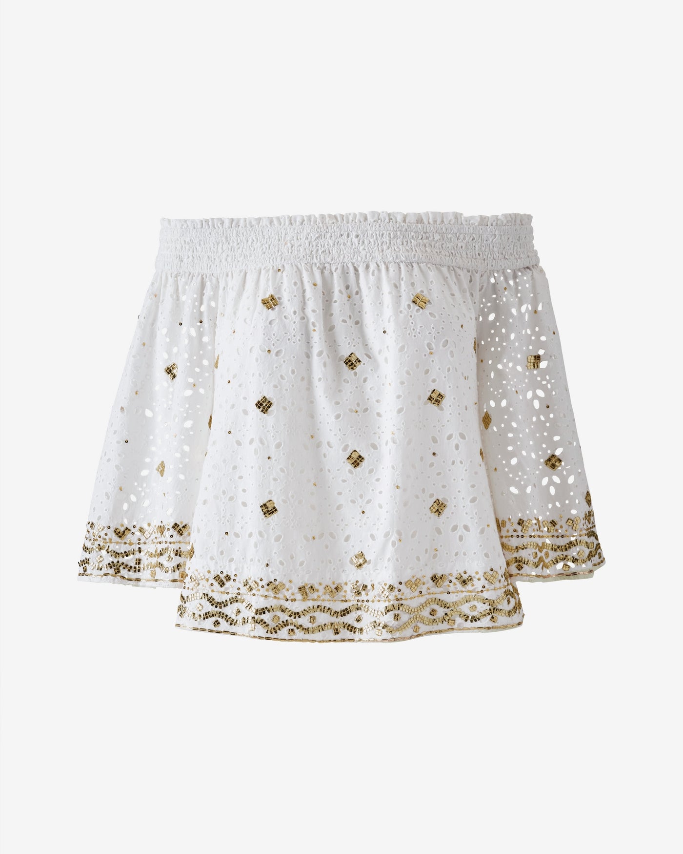 Off The Shoulder Novelty Embroidered Eyelet Top White/Gold