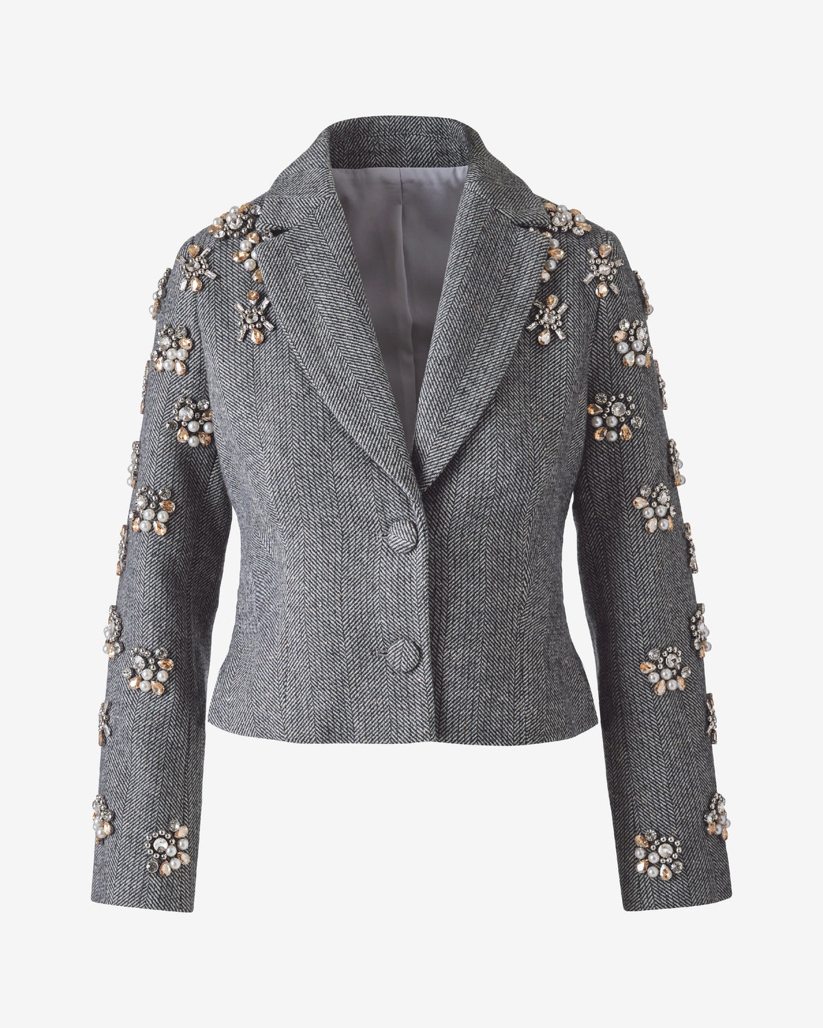 Herringbone Double Breasted Blazer With Rhinestone Embellishment Gold/Gray Multi