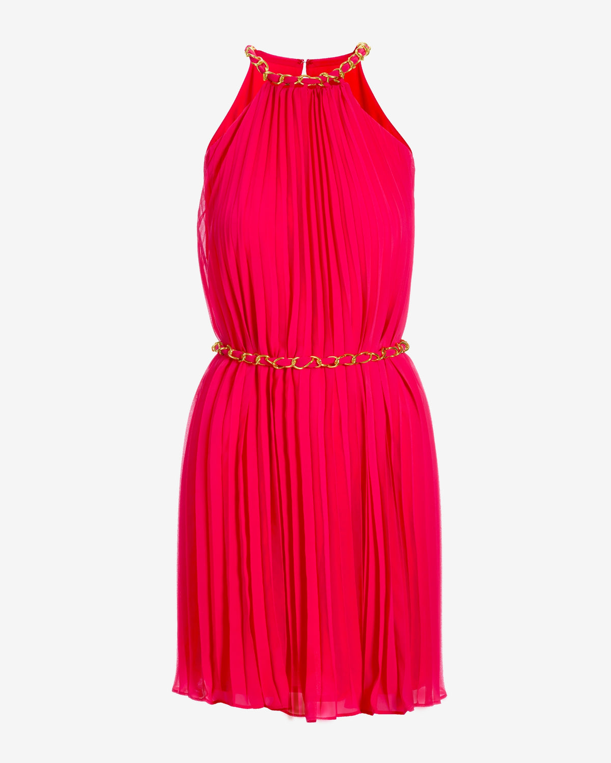 Chain Detail High neck Pleated Fit and Flare Dress Pink