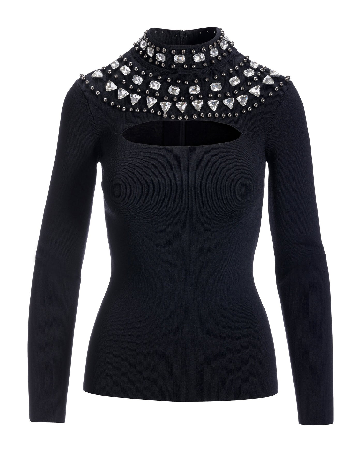 Rhinestone Mock Neck Cut Out Sweater Black