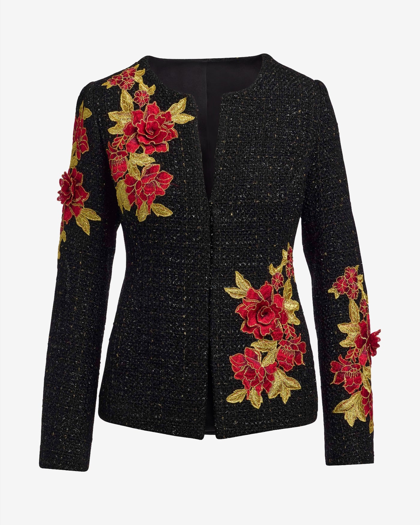 Rose Embroidered Tweed Lady Jacket Black Multi