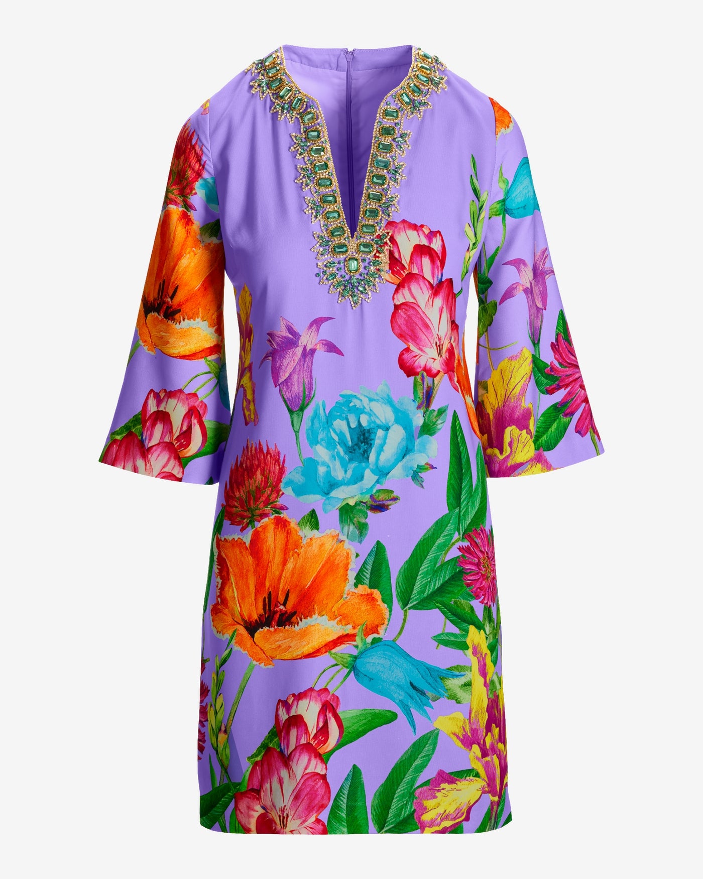 Lavender Garden Print Gem Embellished Tunic Dress Lavender Garden