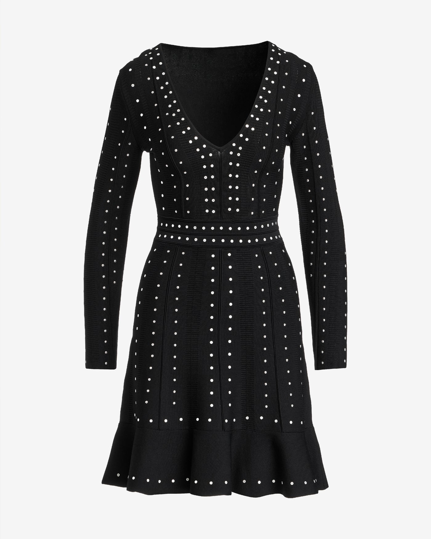 Studded Fit and Flare Ruffle Flounce Sweater Dress Black