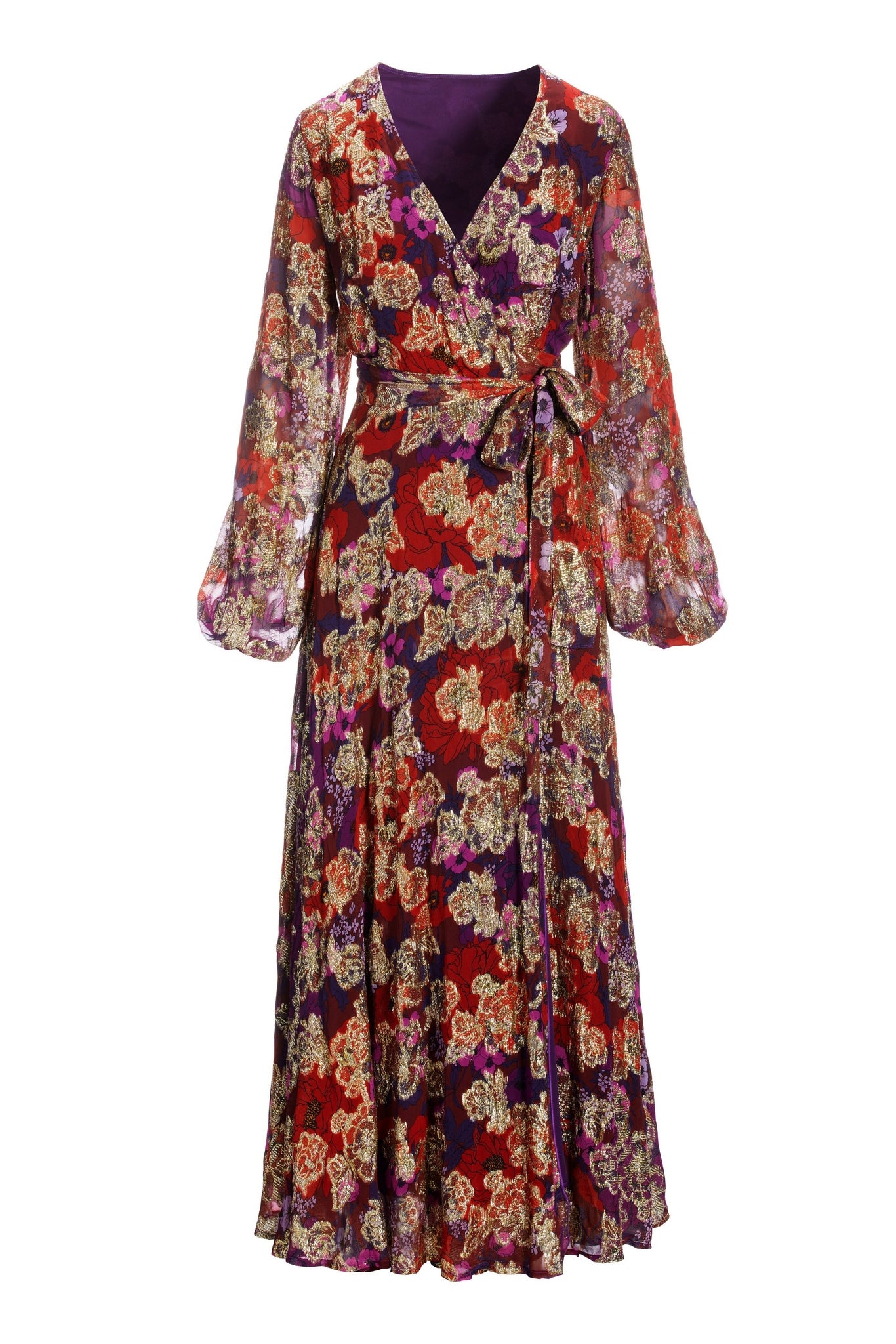 Holiday Fleurs Metallic Printed Wrap Maxi Dress Red/Purple