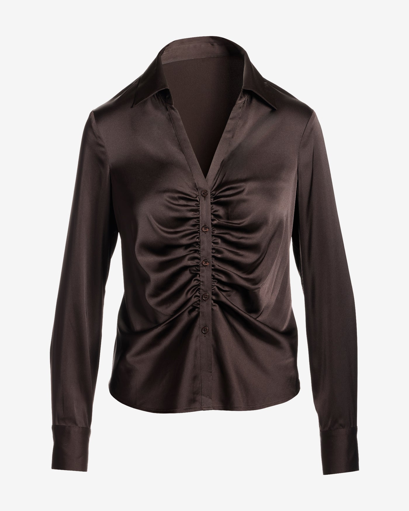 Jessie Charmeuse Ruched Center Front Button Up Shirt Chocolate Torte