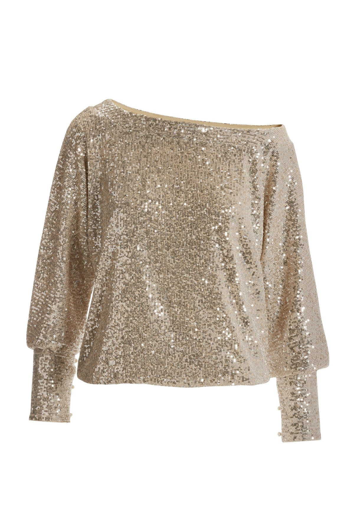 Slouchy Wide Cuff Sequin Knit Top Champagne