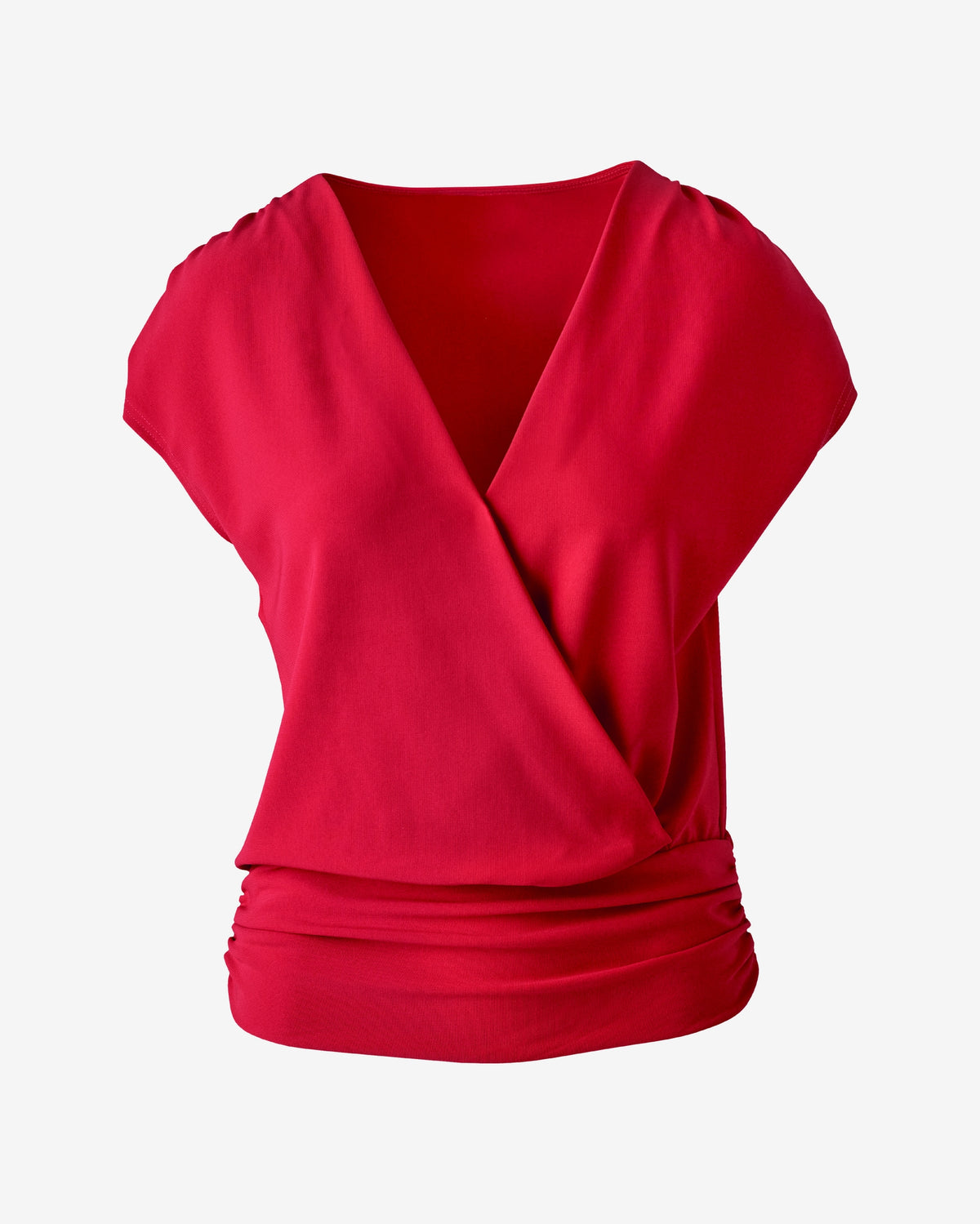 Beyond Travel Ruched Surplice Blouson Top Tango Red