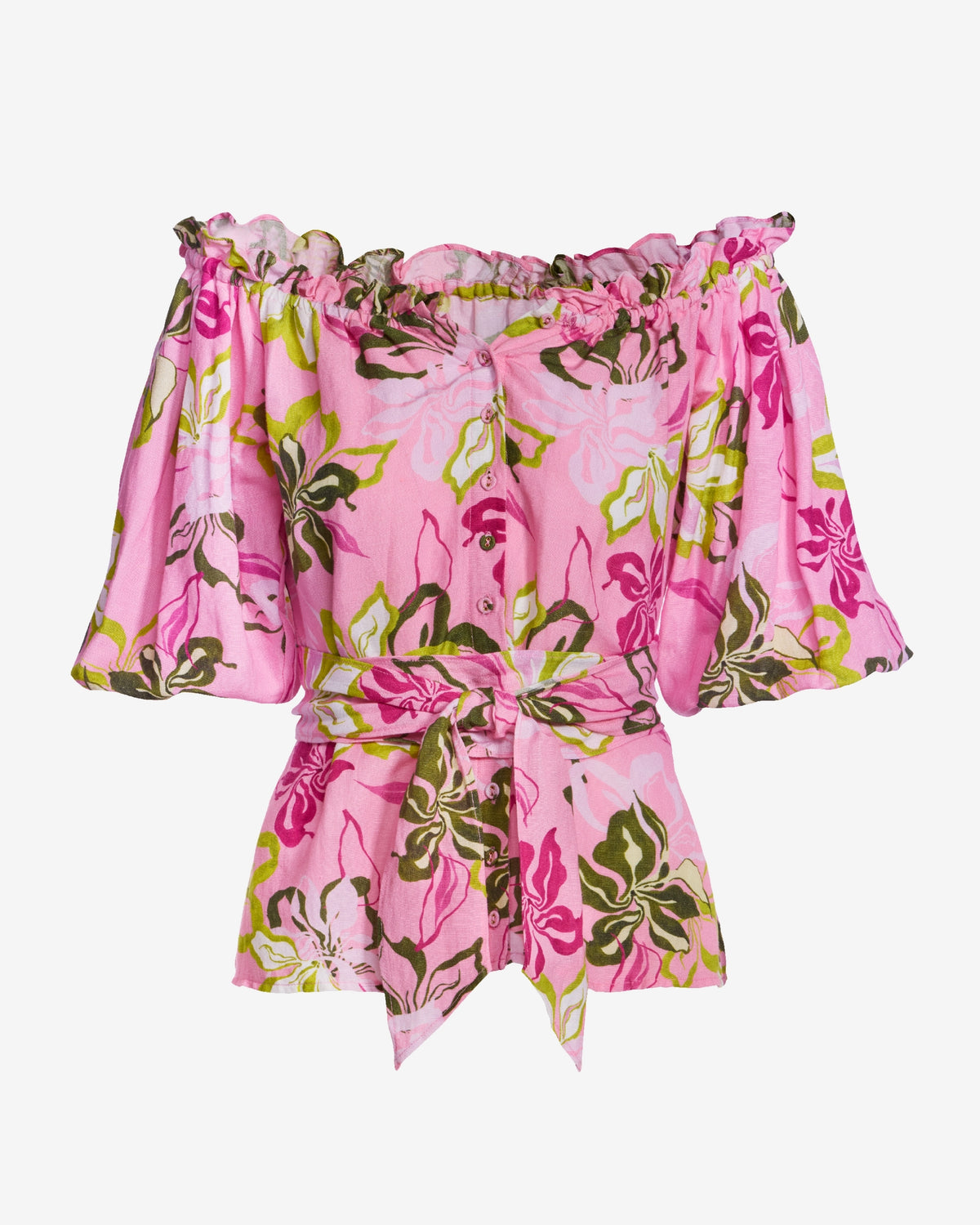 Print Linen Puff Sleeve Tie Waist Peplum Blouse Painted Poppies