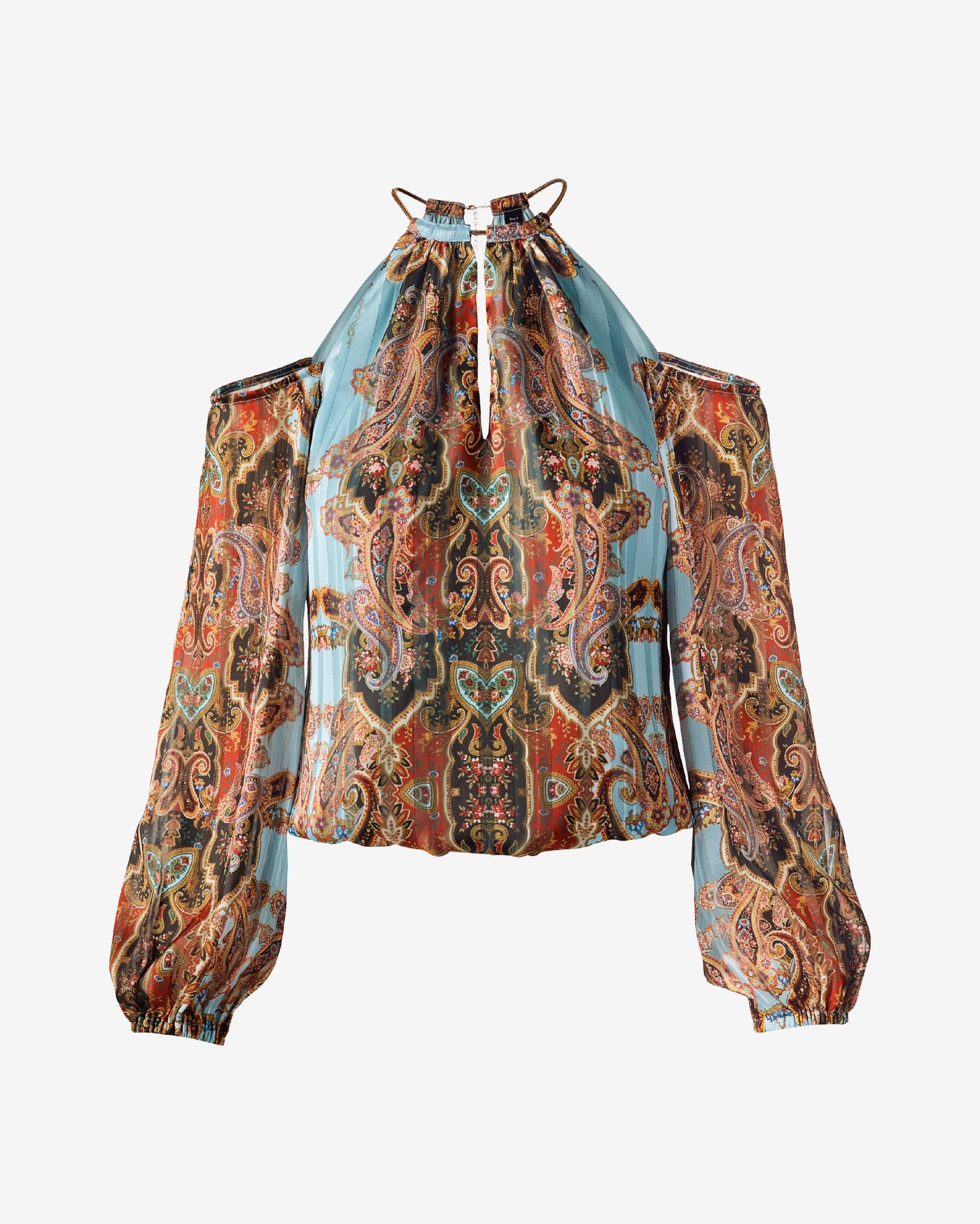 Printed Halter Keyhole Cold Shoulder Blouse Bohemian Scroll