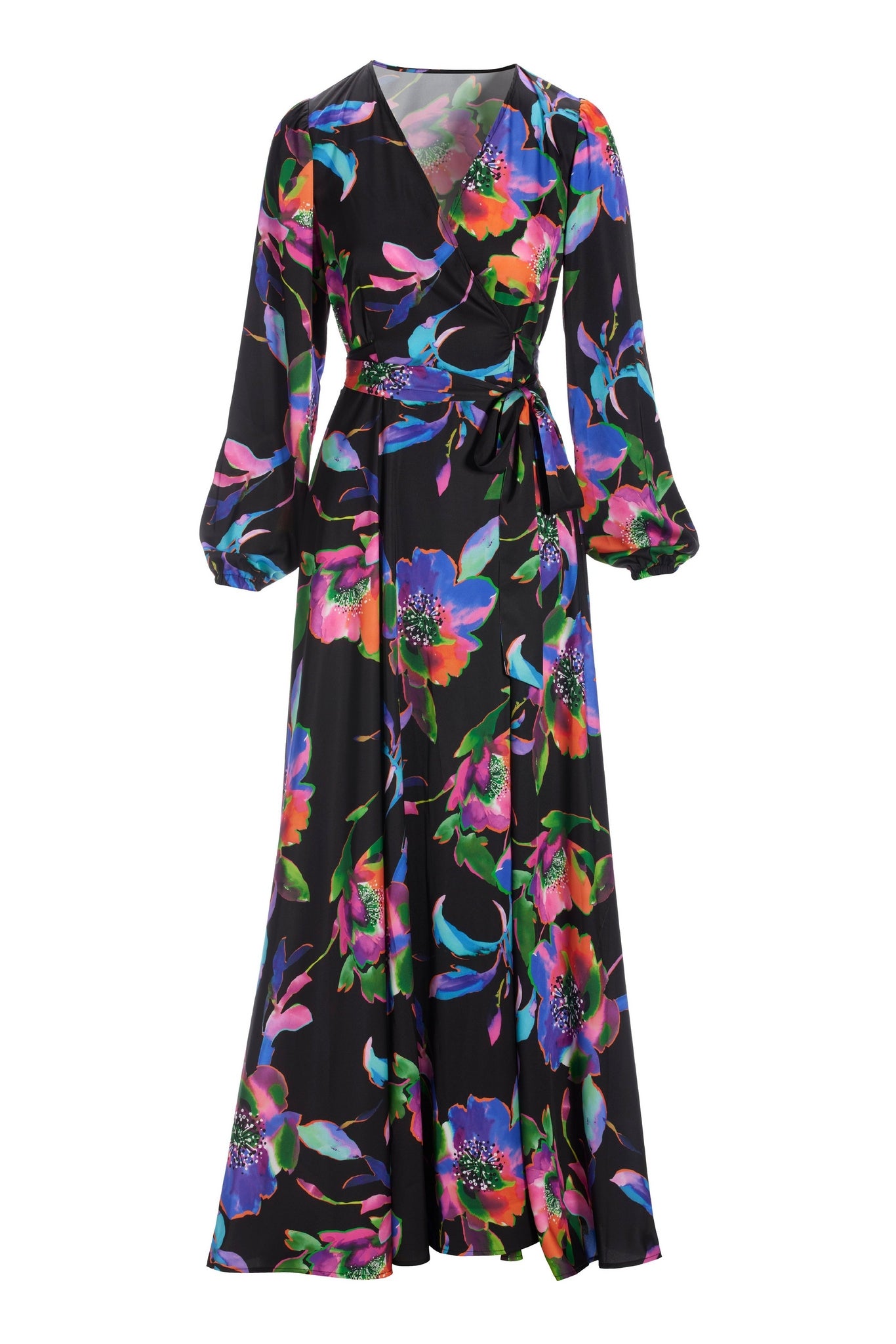 Exploded Garden Print Charmeuse Wrap Maxi Dress Black multi