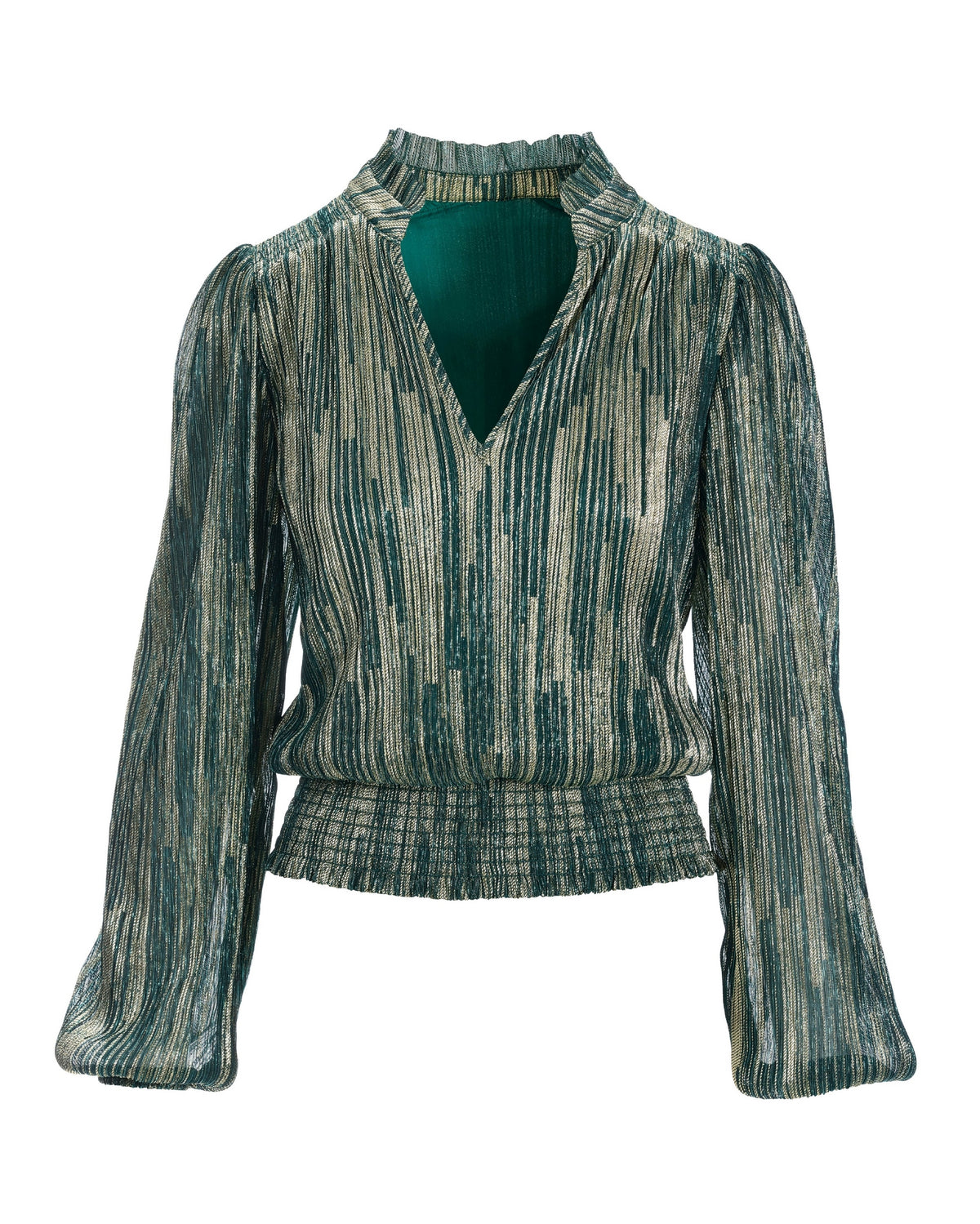Shimmer Pleated Smocked Blouson Top Green/Gold