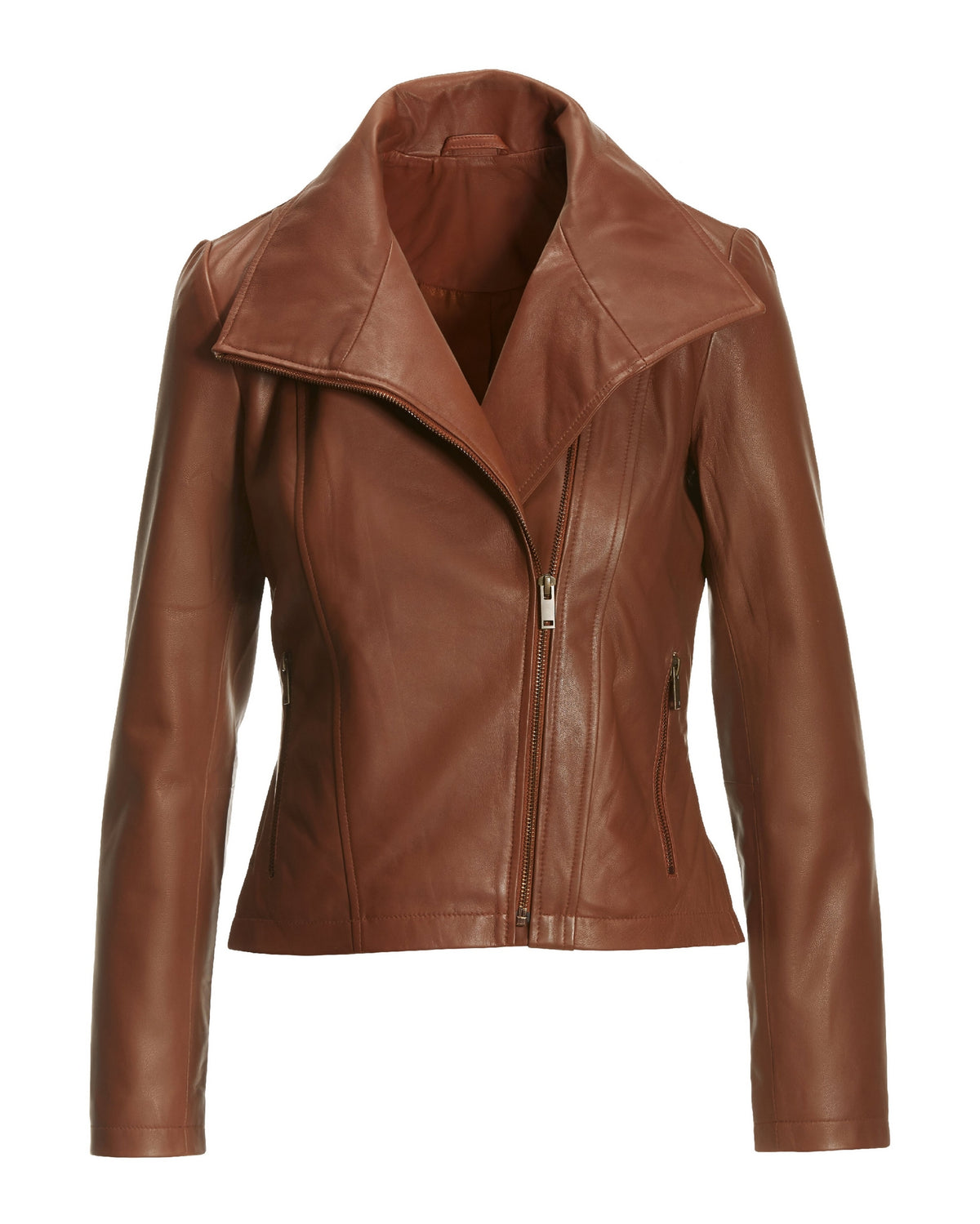 Leather Collared Moto Jacket Cognac