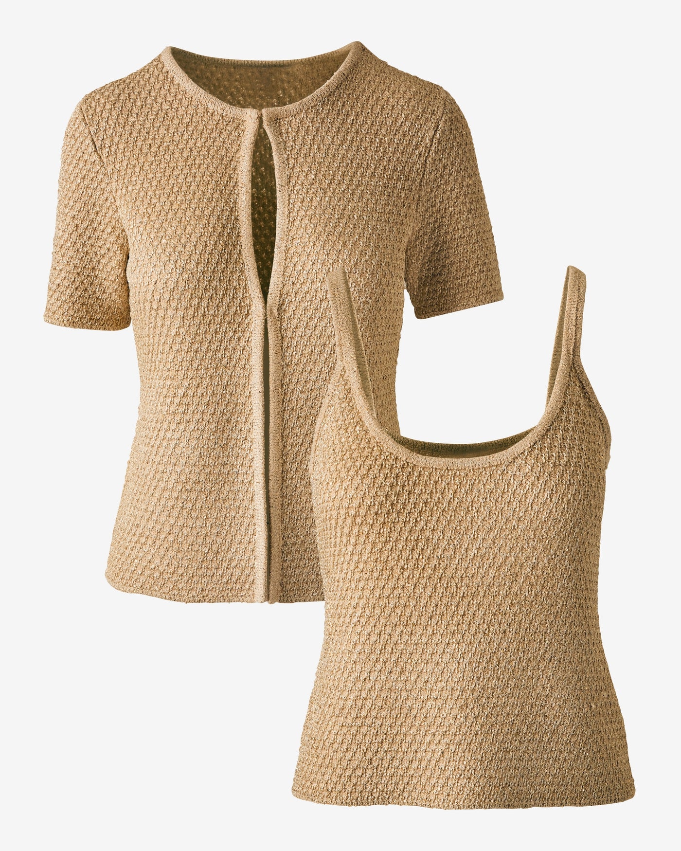 Sequin and Metallic Short Sleeve Cardigan & Tank Set Metallic Sesame