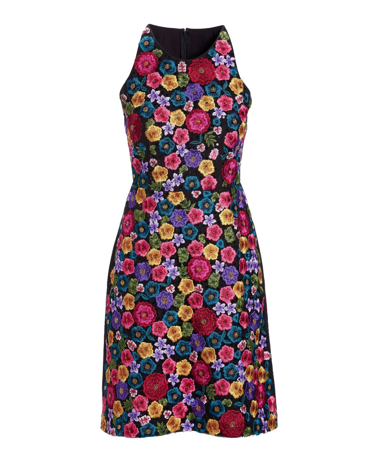 Hand Beaded and Embroidered High Neck A Line Dress Black Multi