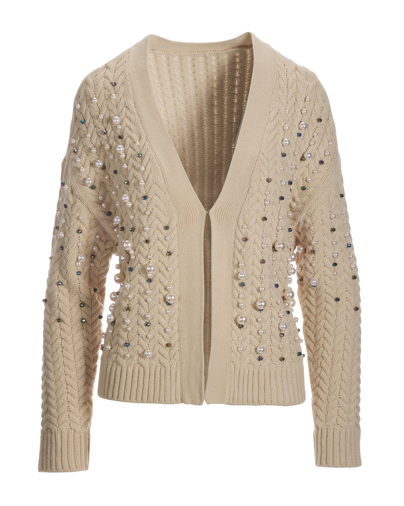 Pearl Embellished Cable Cardigan Tan