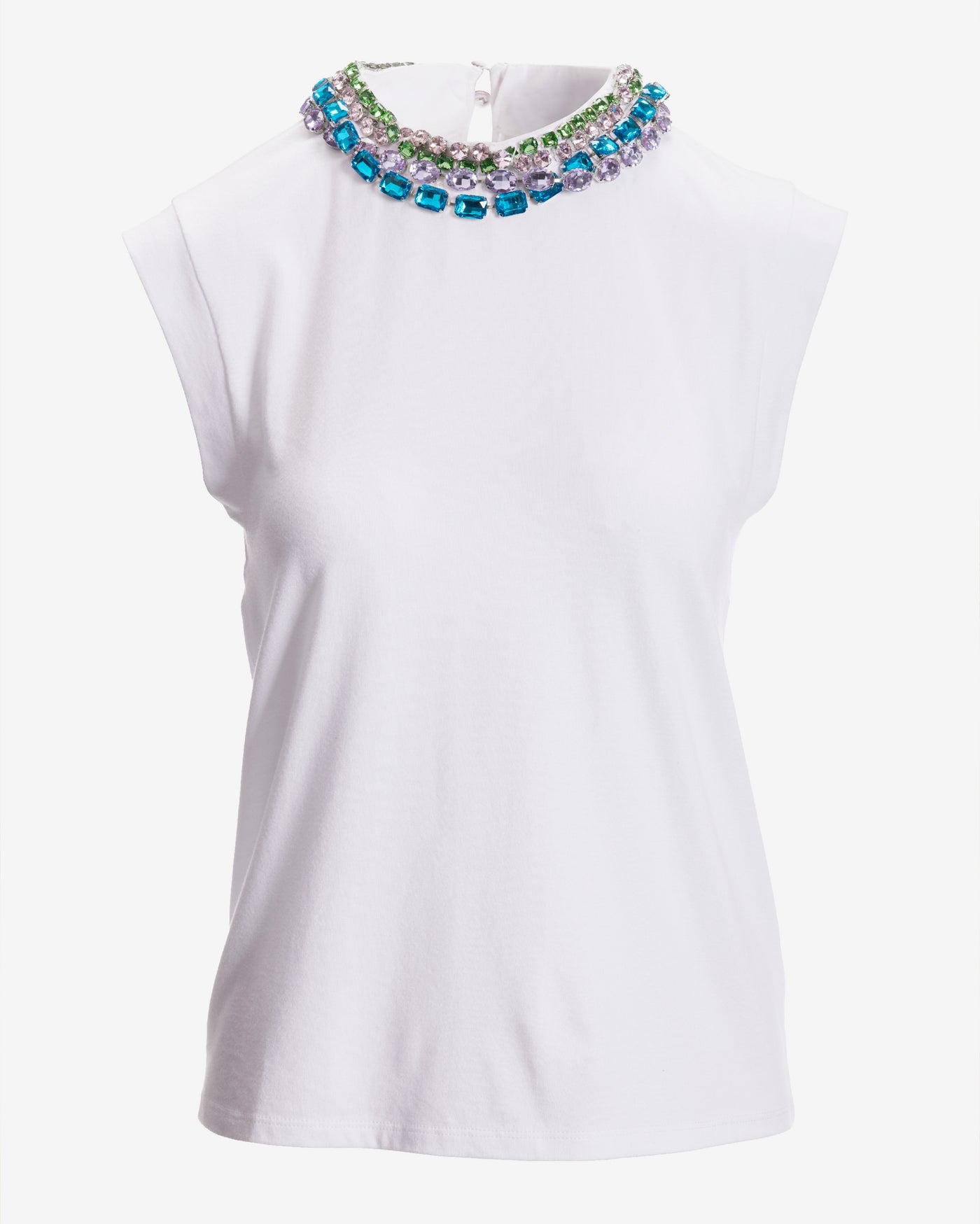 Jeweled Collared Neck T Shirt White