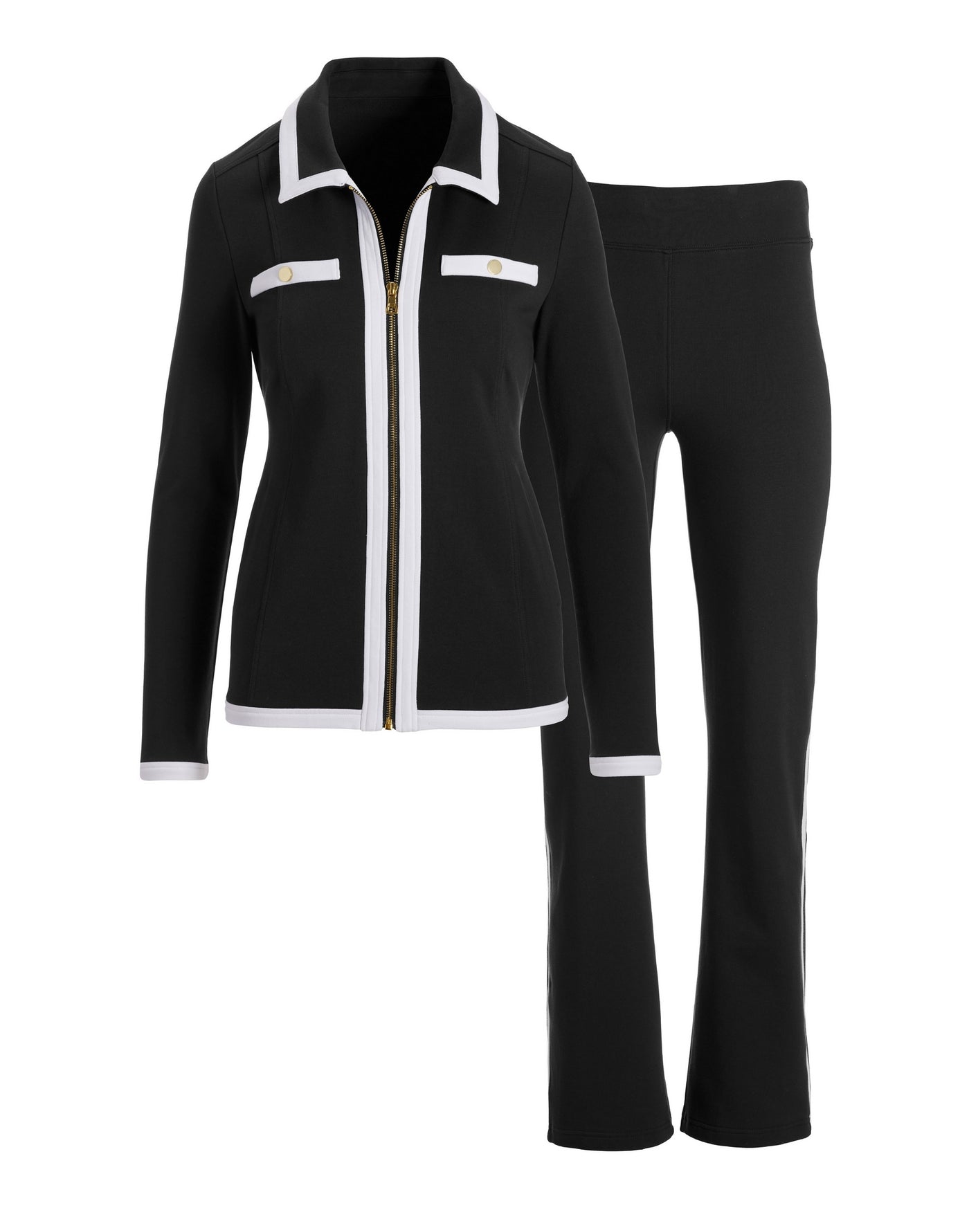 Collared Color Block Zip Sport Set Black/White