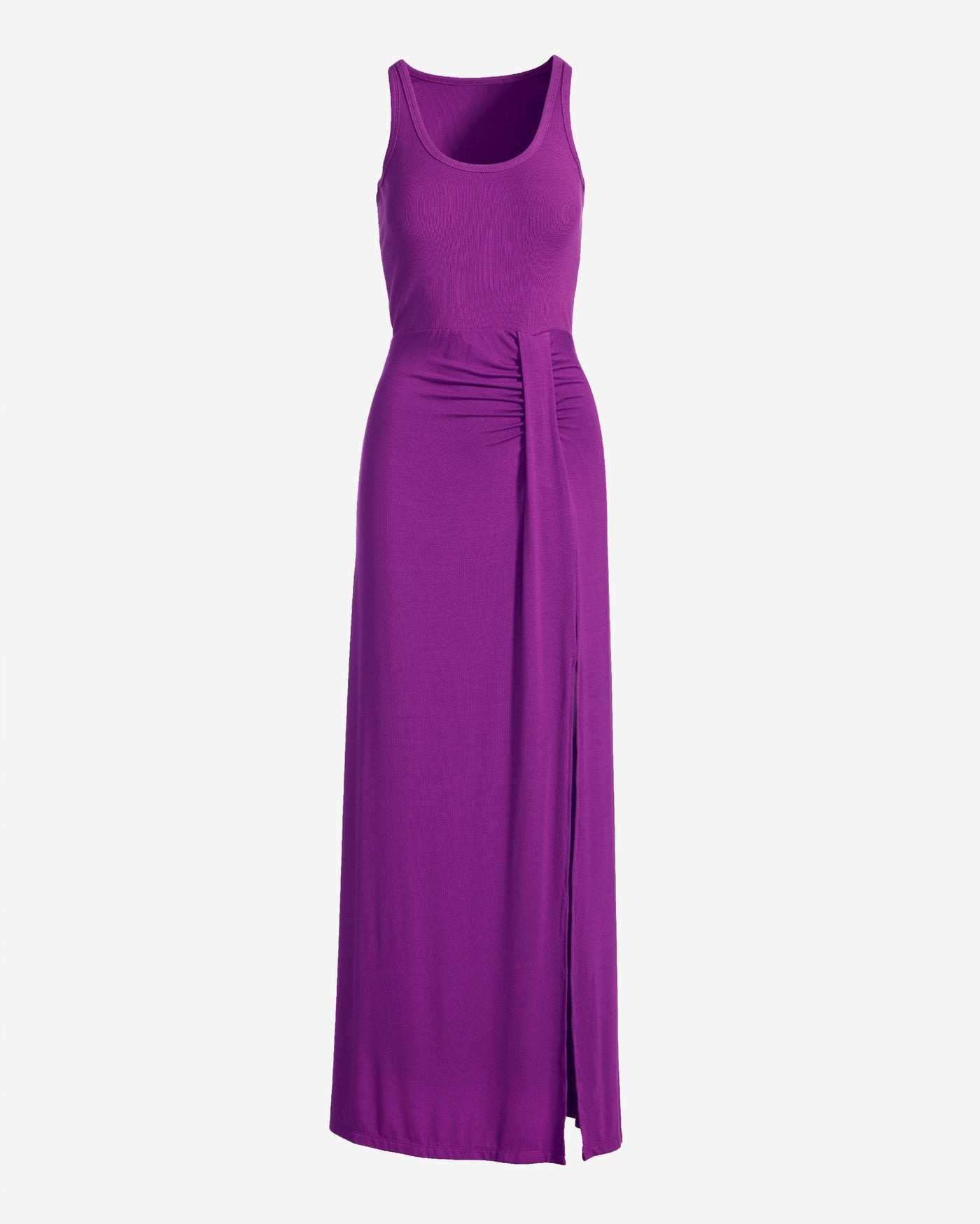 Rib Knit Mixed Media Scoop Neck Slit Maxi Dress Grape Juice