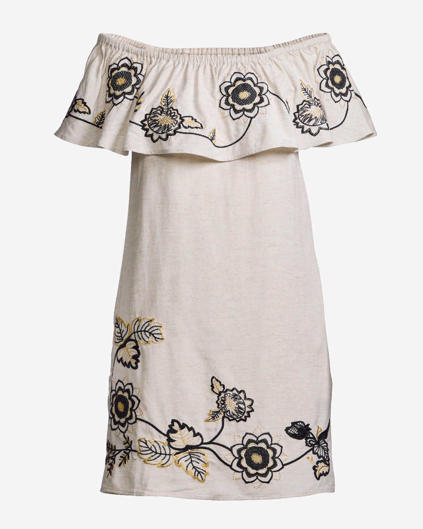 Linen Embroidered Off The Shoulder Shift Dress Flax