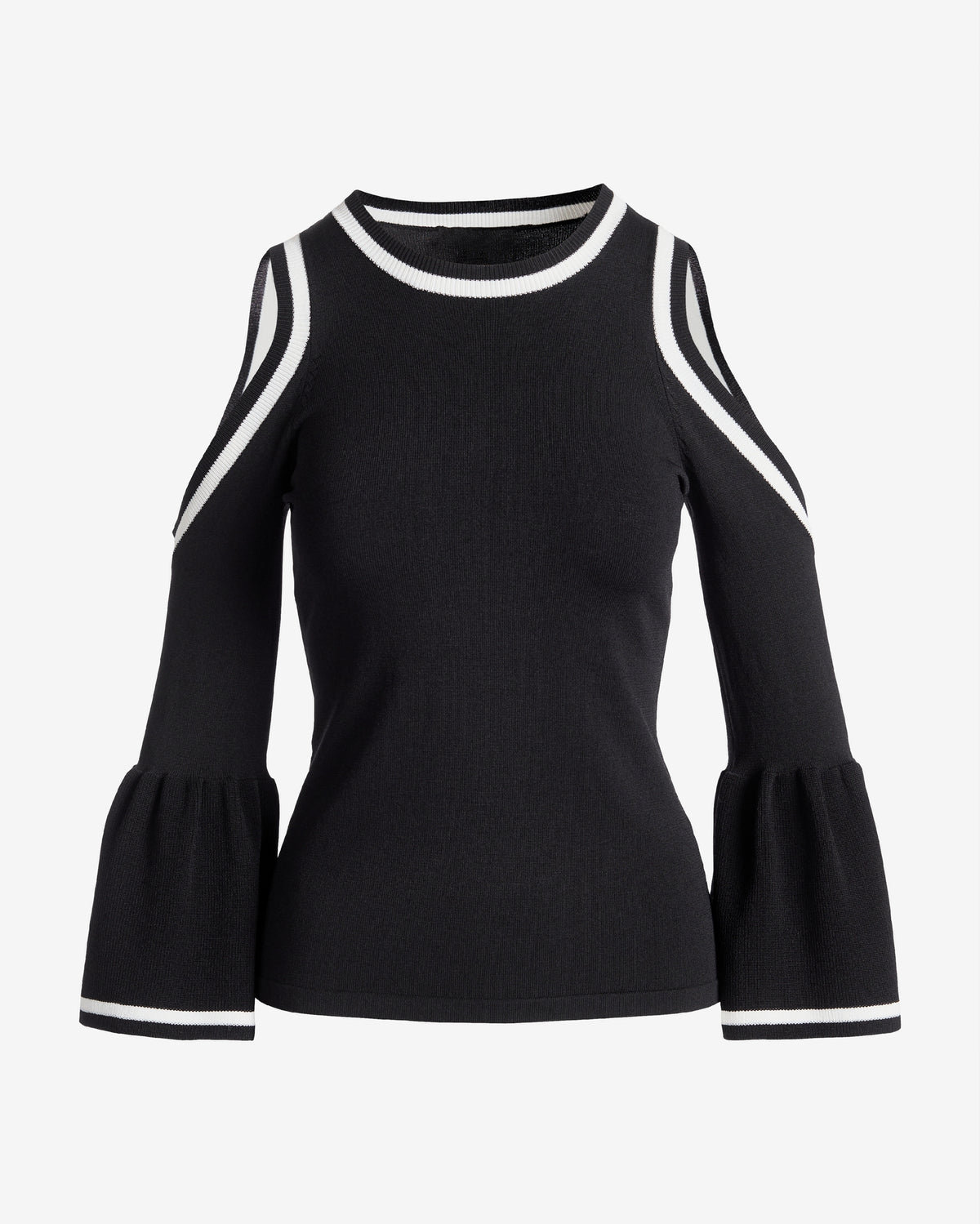 Color Block Cold Shoulder Ruffle Sleeve Sweater Black/White