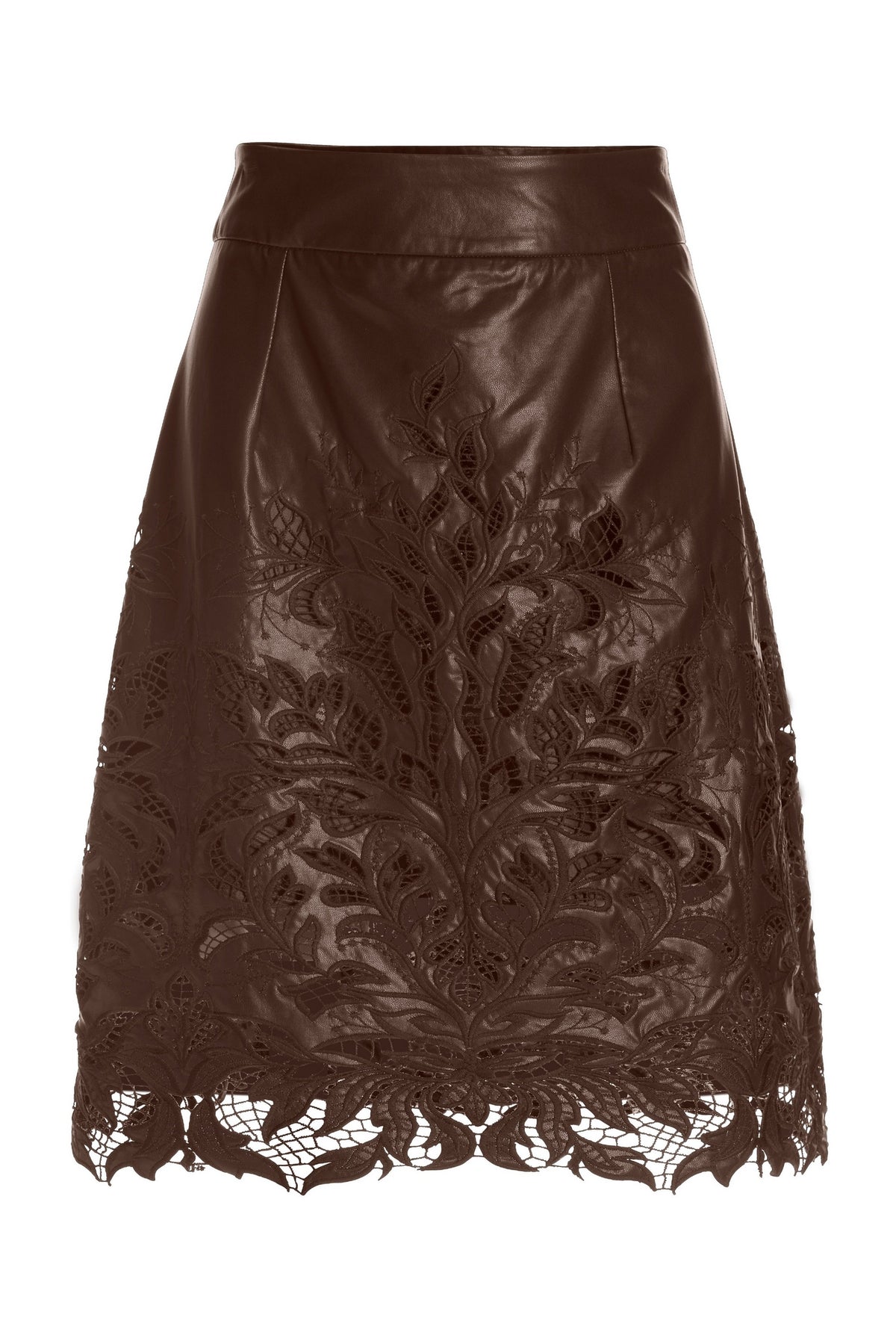 Embroidered Faux Leather and Lace Cut Out Skirt Chocolate